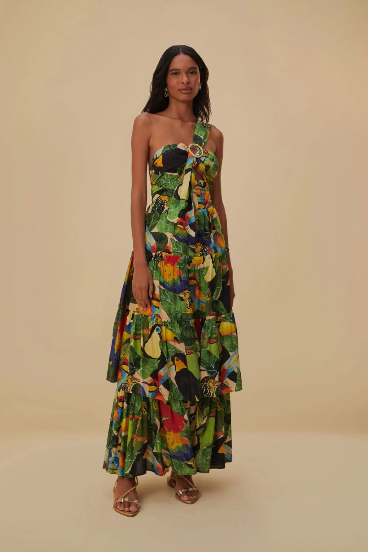 FARM Rio  BIRD LEAVES SAND ONE SHOULDER MAXI DRESS