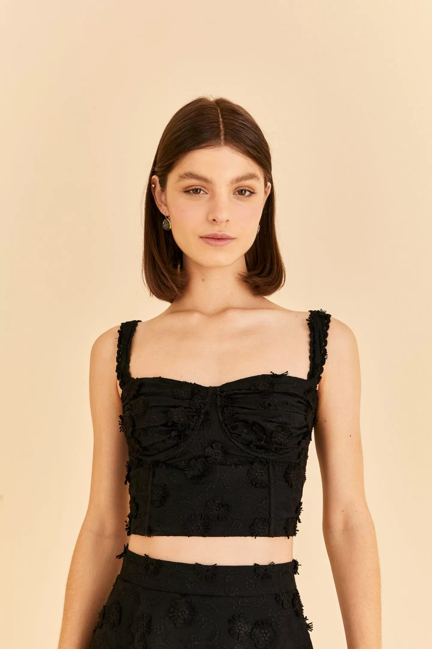 FARM Rio  BLACK 3D FLOWER CORSET CROP TOP