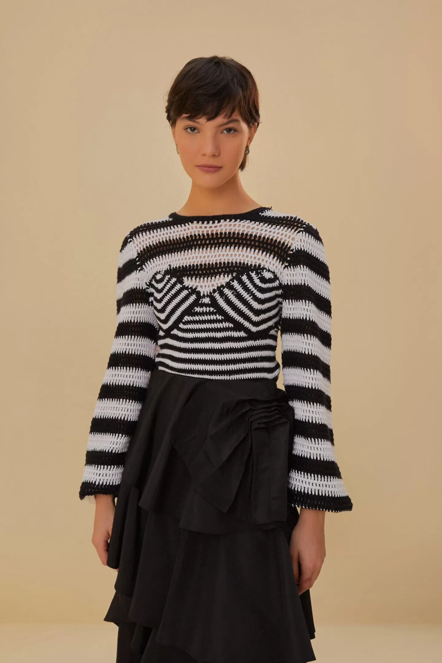 FARM Rio  BLACK AND WHITE STRIPES CROCHET BLOUSE