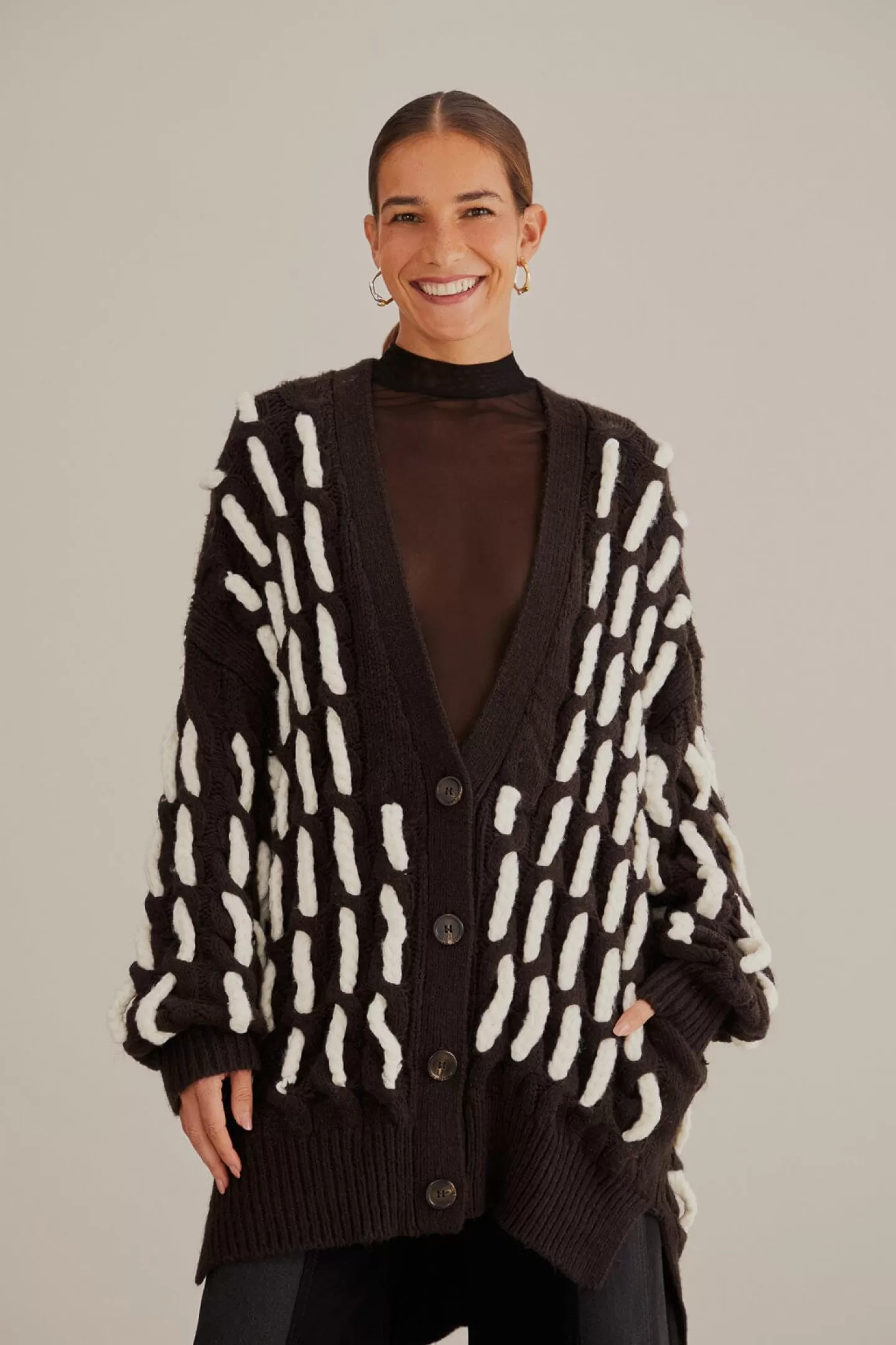 FARM Rio  BLACK AND WHITE TEXTURED KNIT CARDIGAN