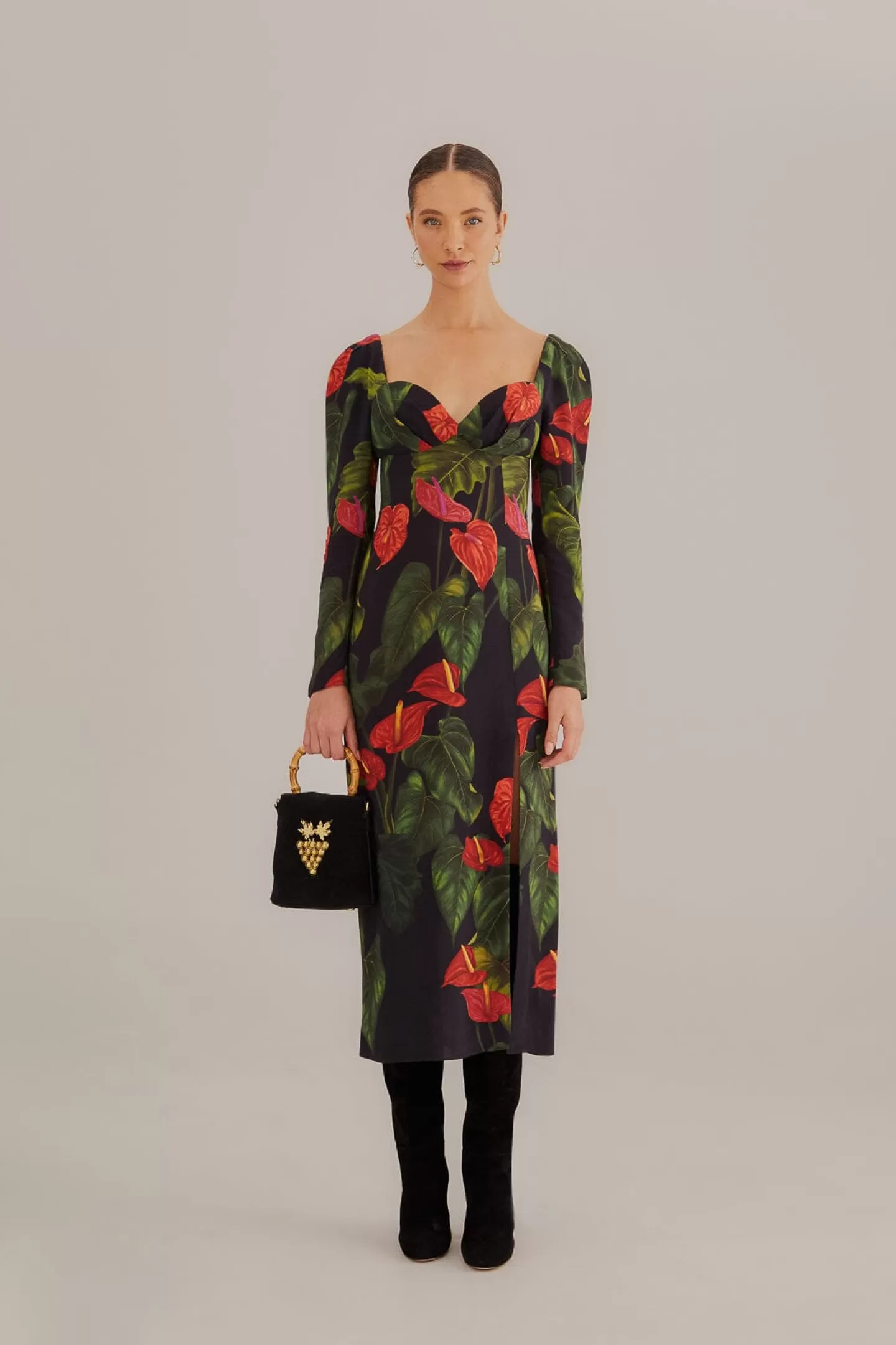 FARM Rio  BLACK ANTHURIUM SLIT MIDI DRESS