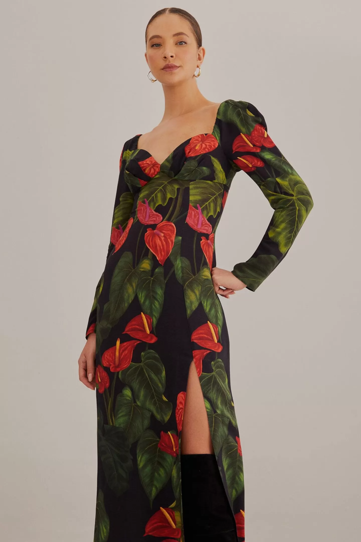 FARM Rio  BLACK ANTHURIUM SLIT MIDI DRESS