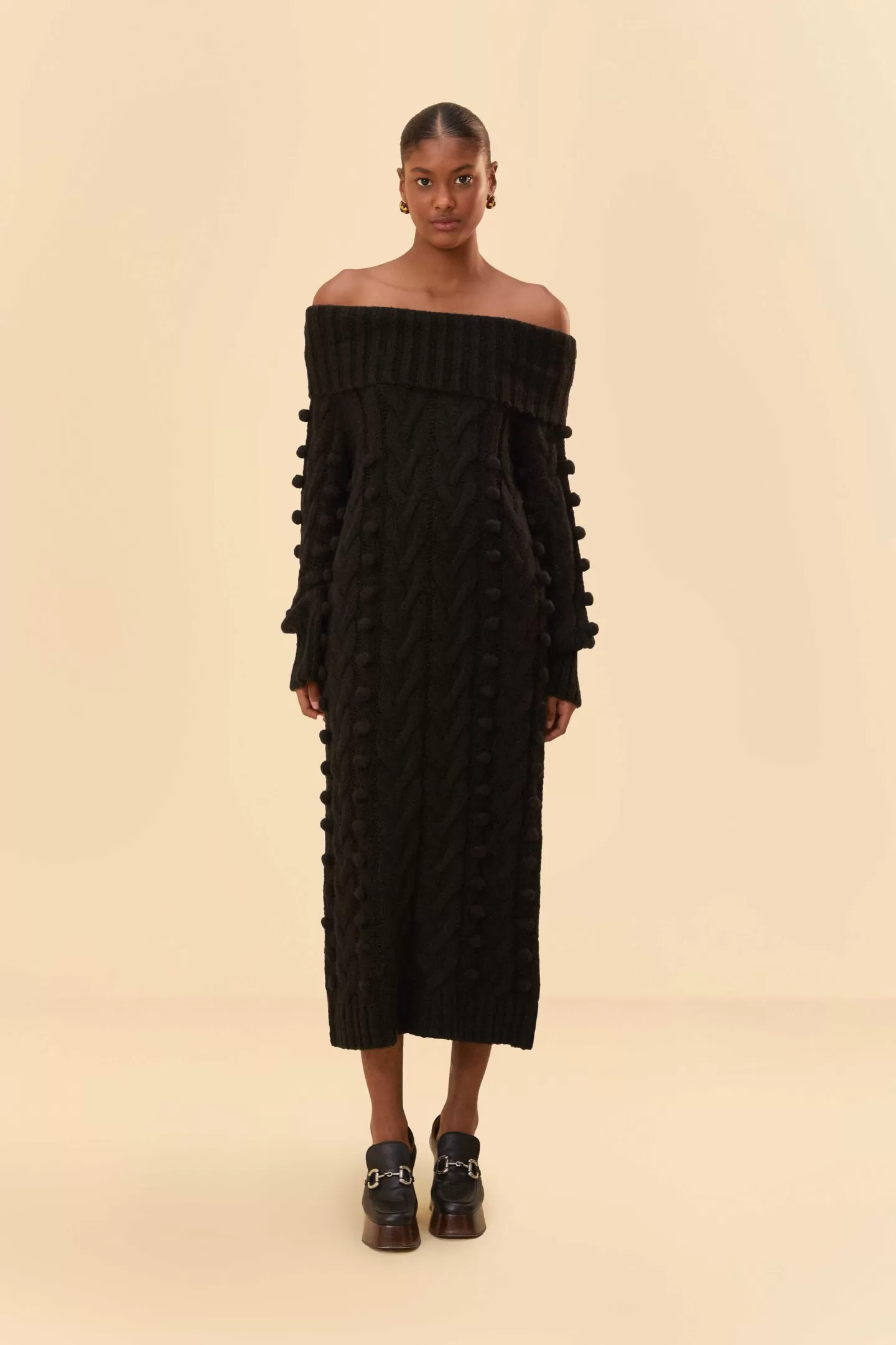 FARM Rio  BLACK BRAIDED MIDI SWEATER DRESS