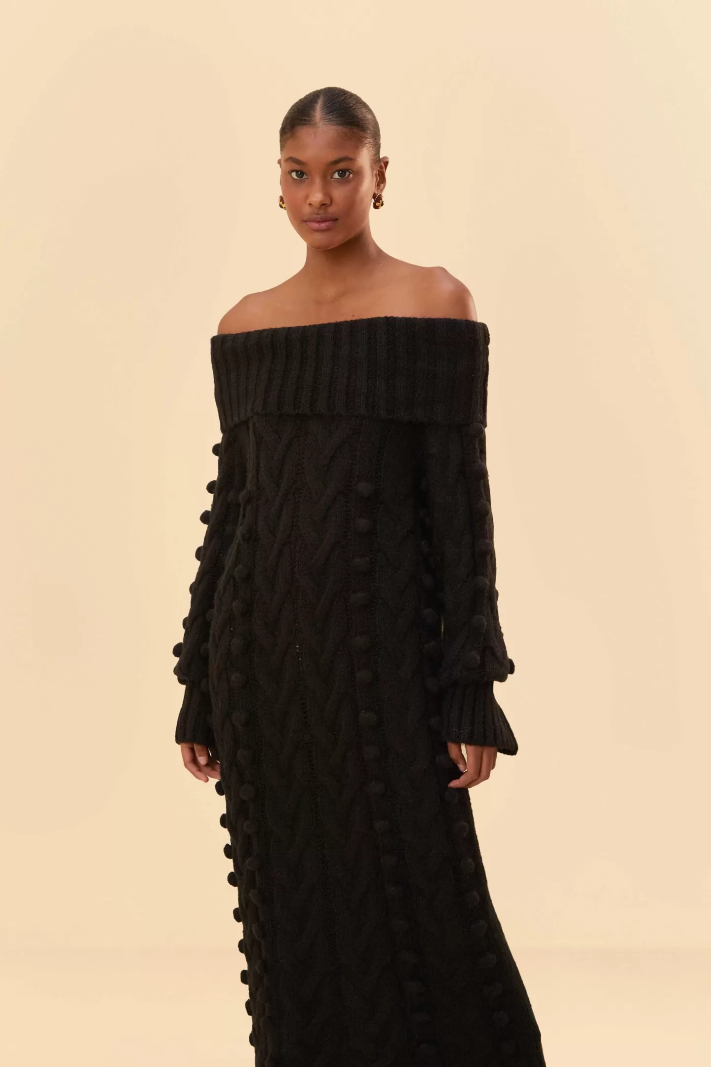 FARM Rio  BLACK BRAIDED MIDI SWEATER DRESS