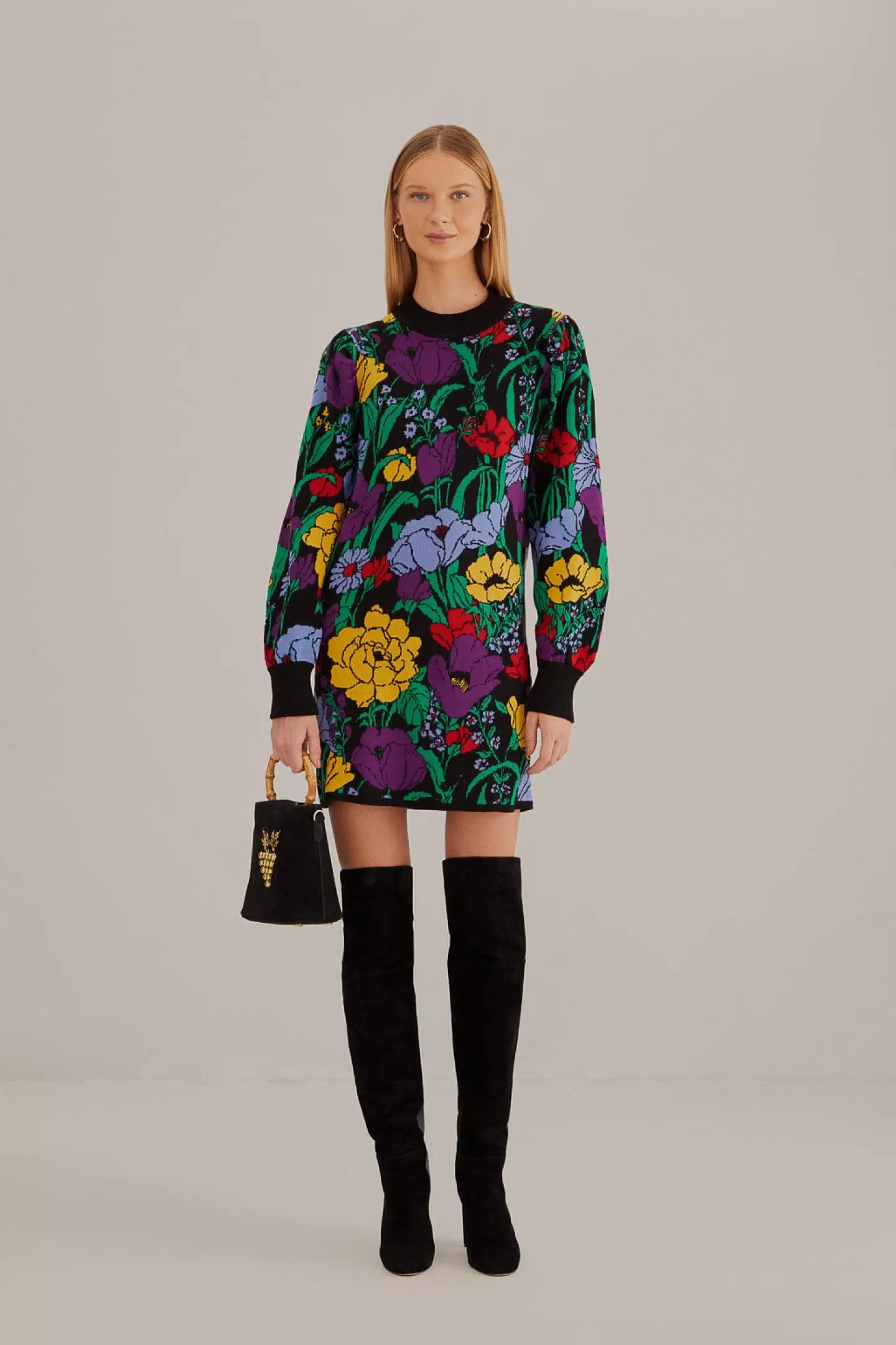 FARM Rio  BLACK BUCOLIC GARDEN SWEATER DRESS