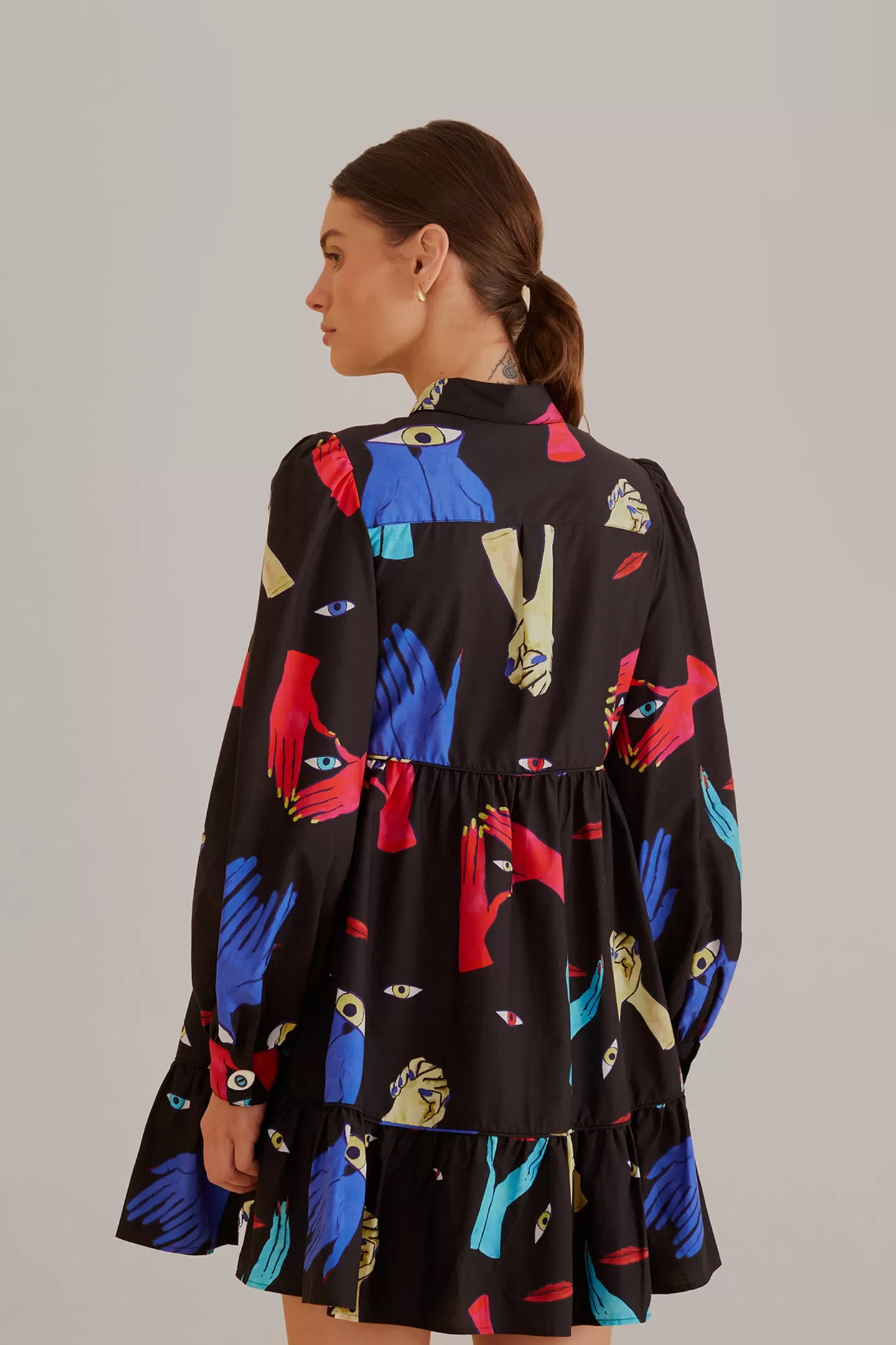 FARM Rio  BLACK COLORFUL TOGETHER  LONG SLEEVE MINI DRESS