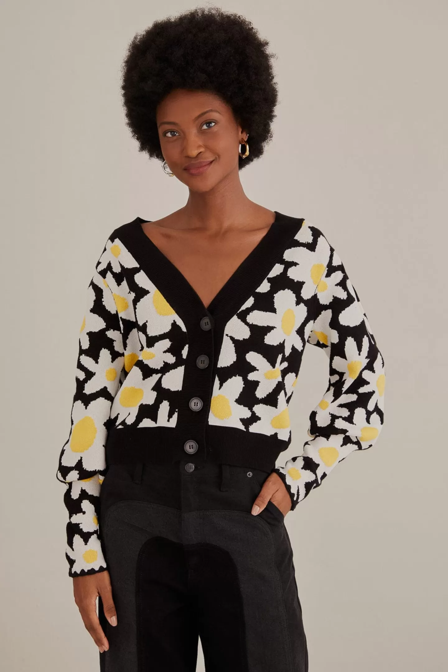 FARM Rio  BLACK FLOWERS KNIT CARDIGAN