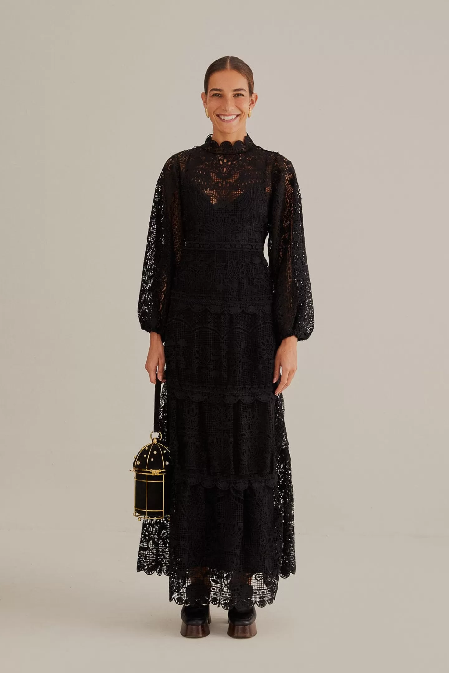 FARM Rio  BLACK GUIPURE LONG SLEEVE MAXI DRESS