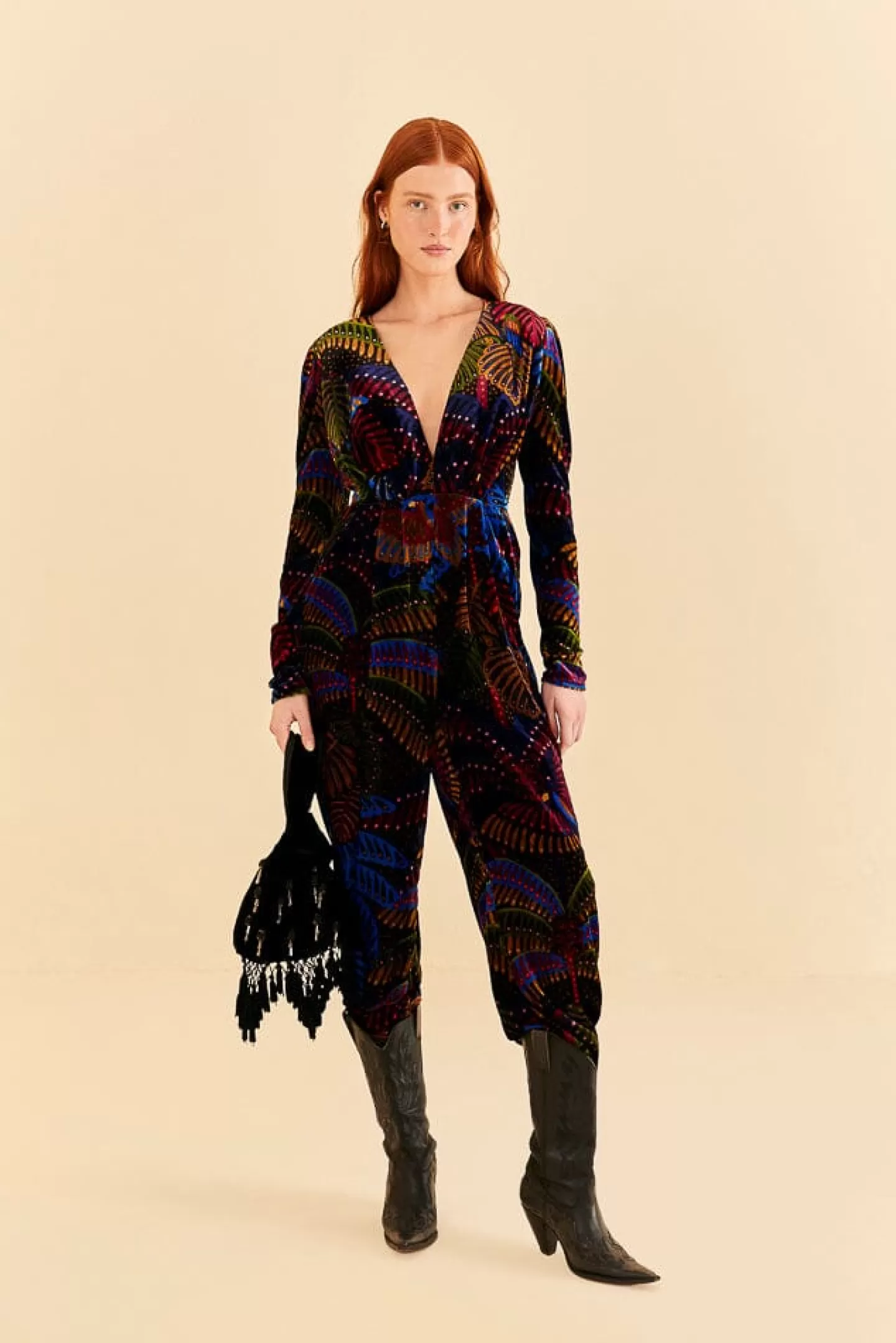 FARM Rio  BLACK MIDNIGHT ISLAND V NECK VELVET JUMPSUIT