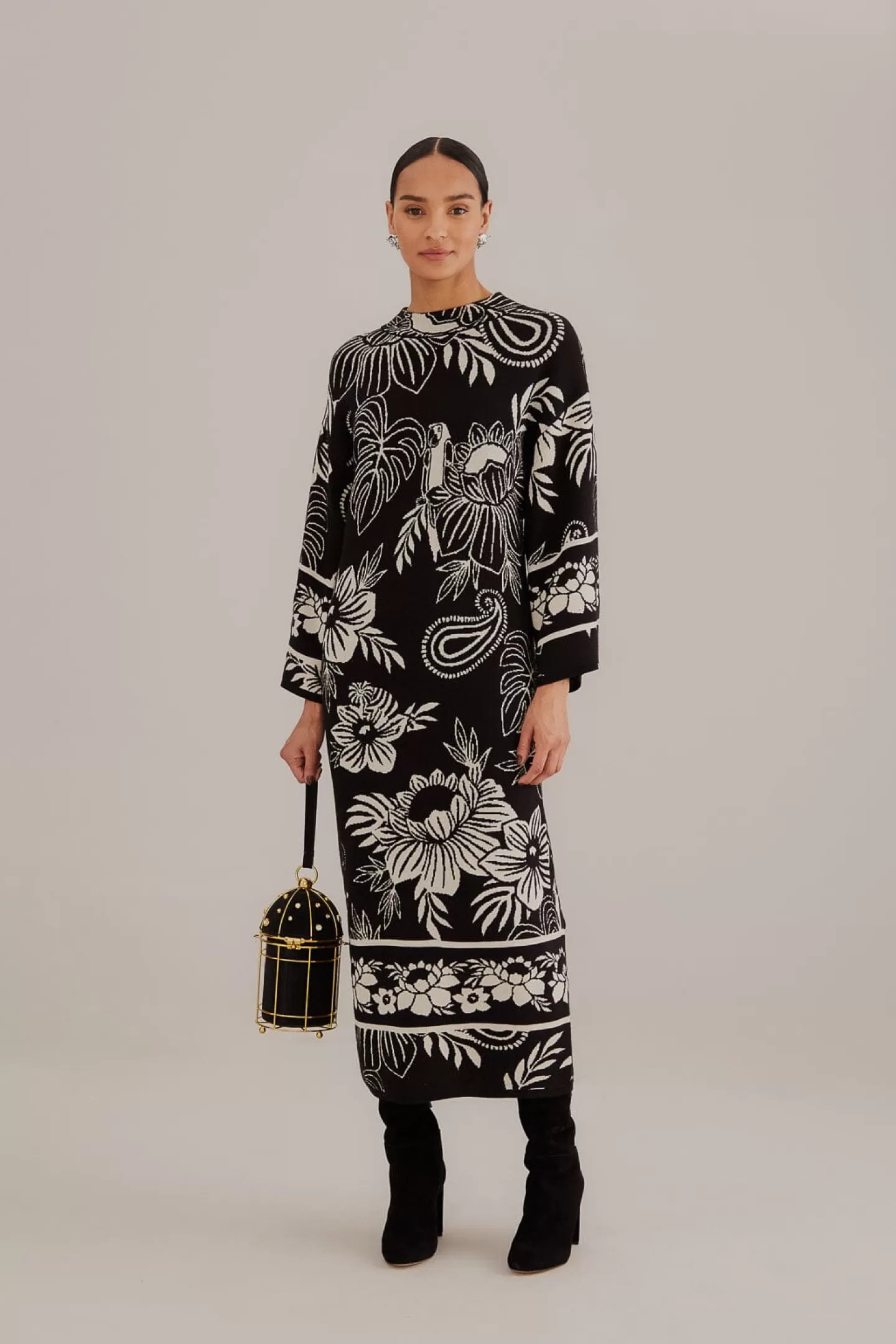 FARM Rio  BLACK PAISLEY BLOOM KNIT DRESS