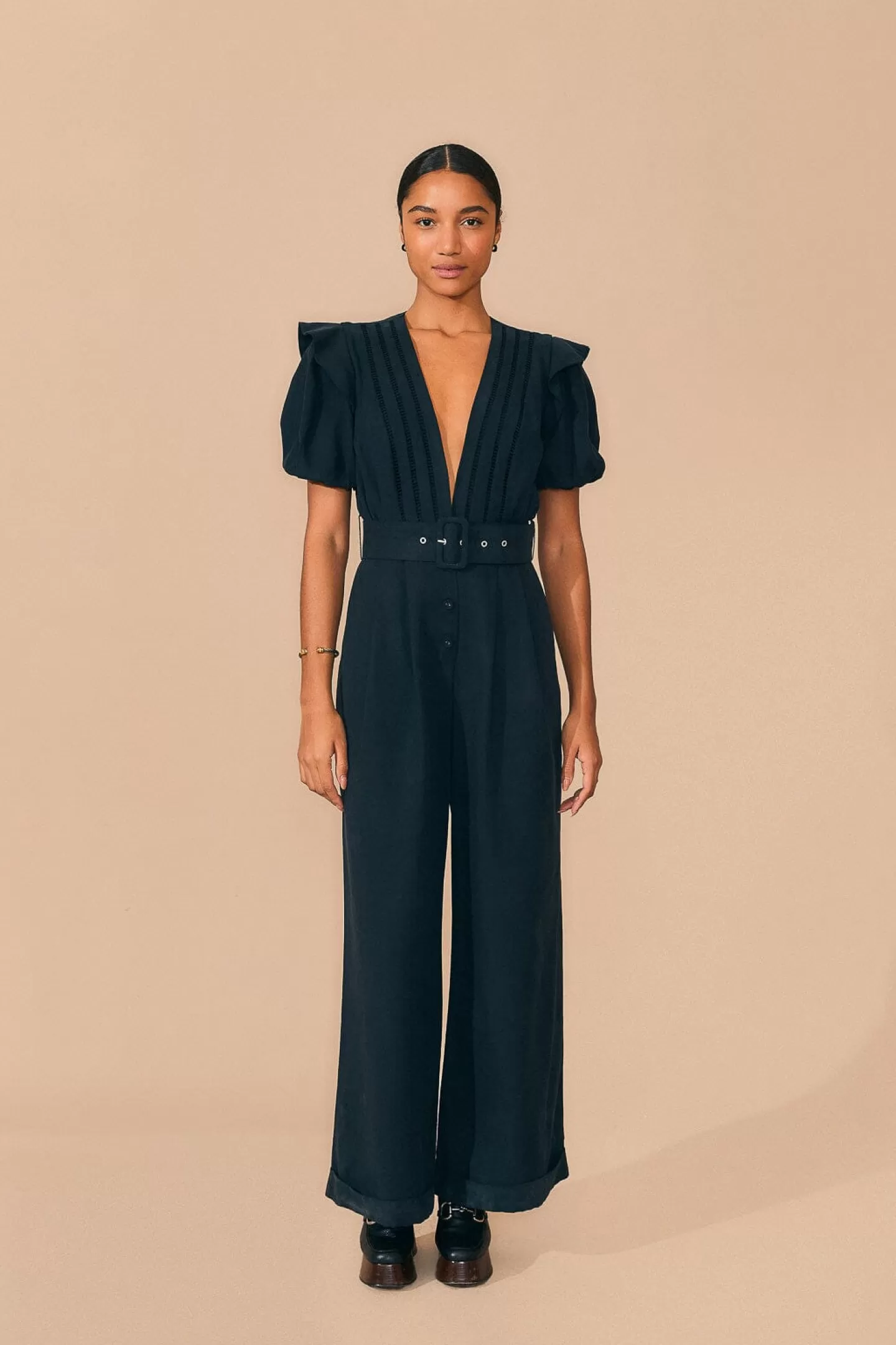 FARM Rio  BLACK PLEATED SHORT SLEEVE JUMPSUIT