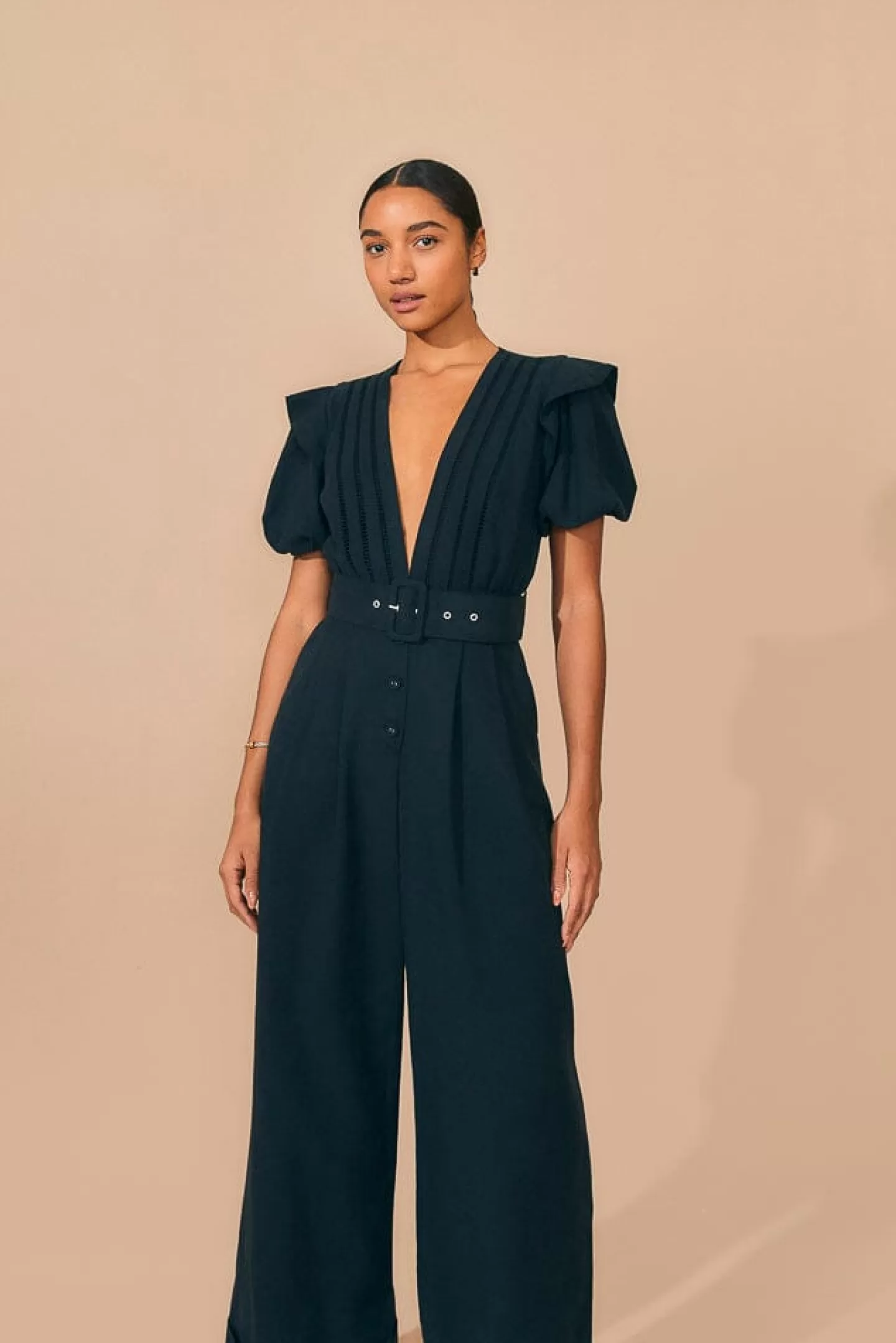 FARM Rio  BLACK PLEATED SHORT SLEEVE JUMPSUIT