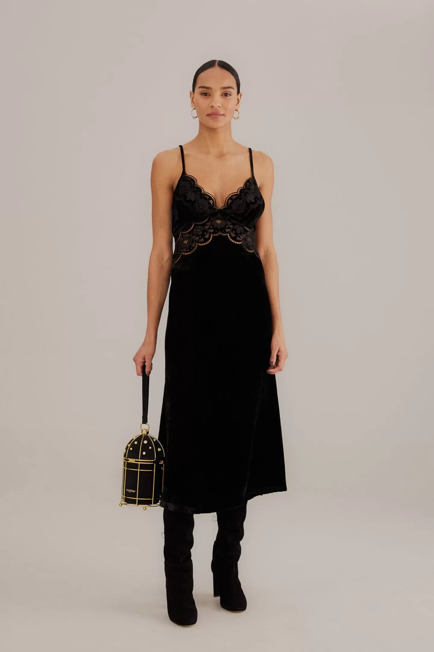 FARM Rio  BLACK RICHELIEU VELVET SLIP DRESS