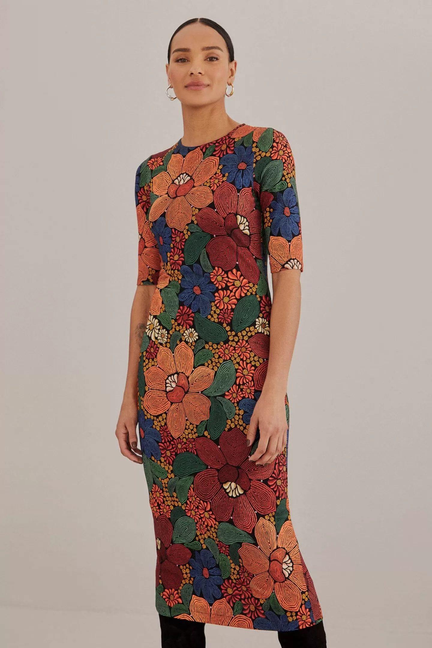 FARM Rio  BLACK STITCHED FLOWERS LENZING™ ECOVERO™ VISCOSE MIDI DRESS