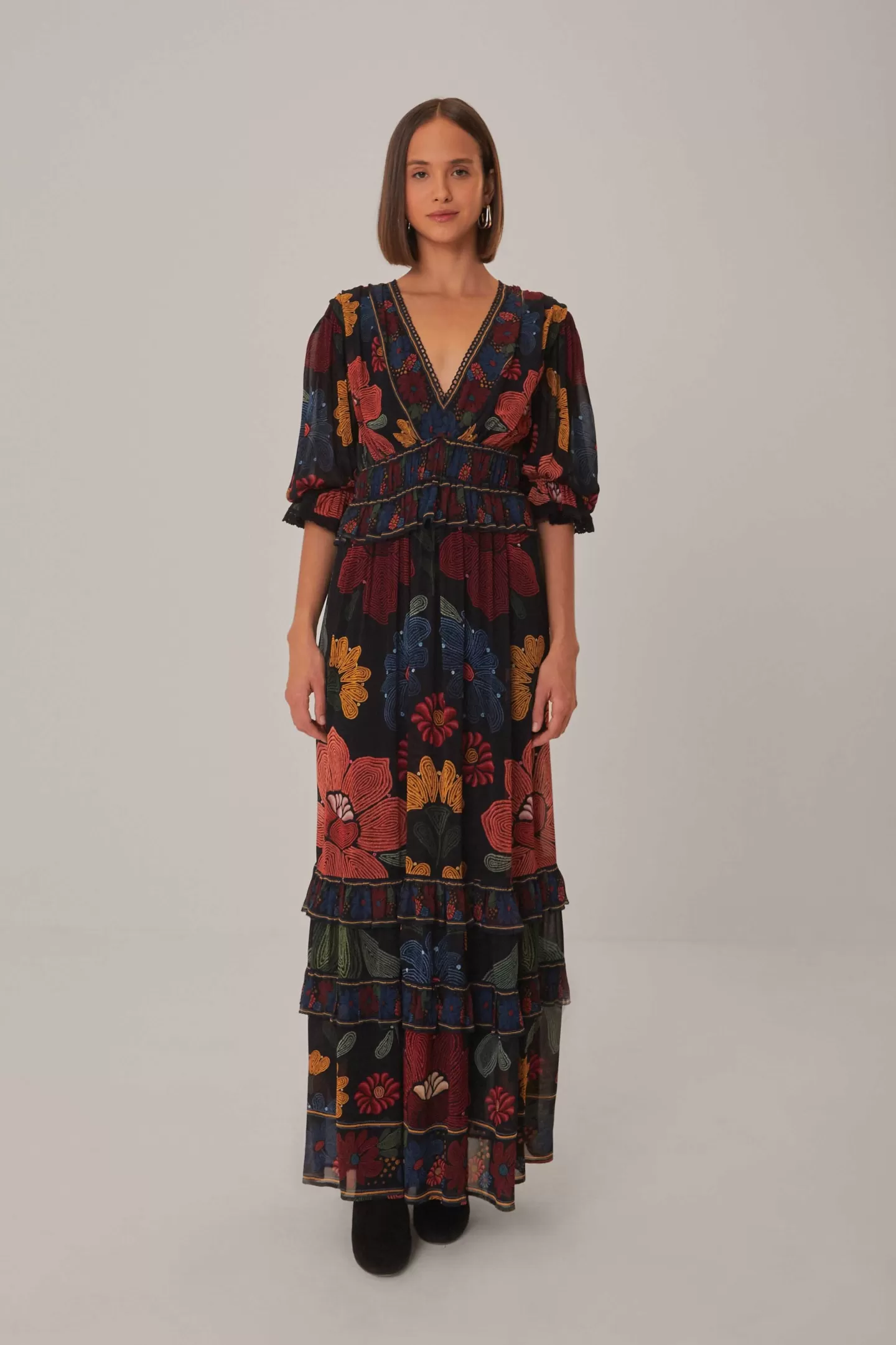 FARM Rio  BLACK STITCHED GARDEN SHORT SLEEVE MAXI DRESS