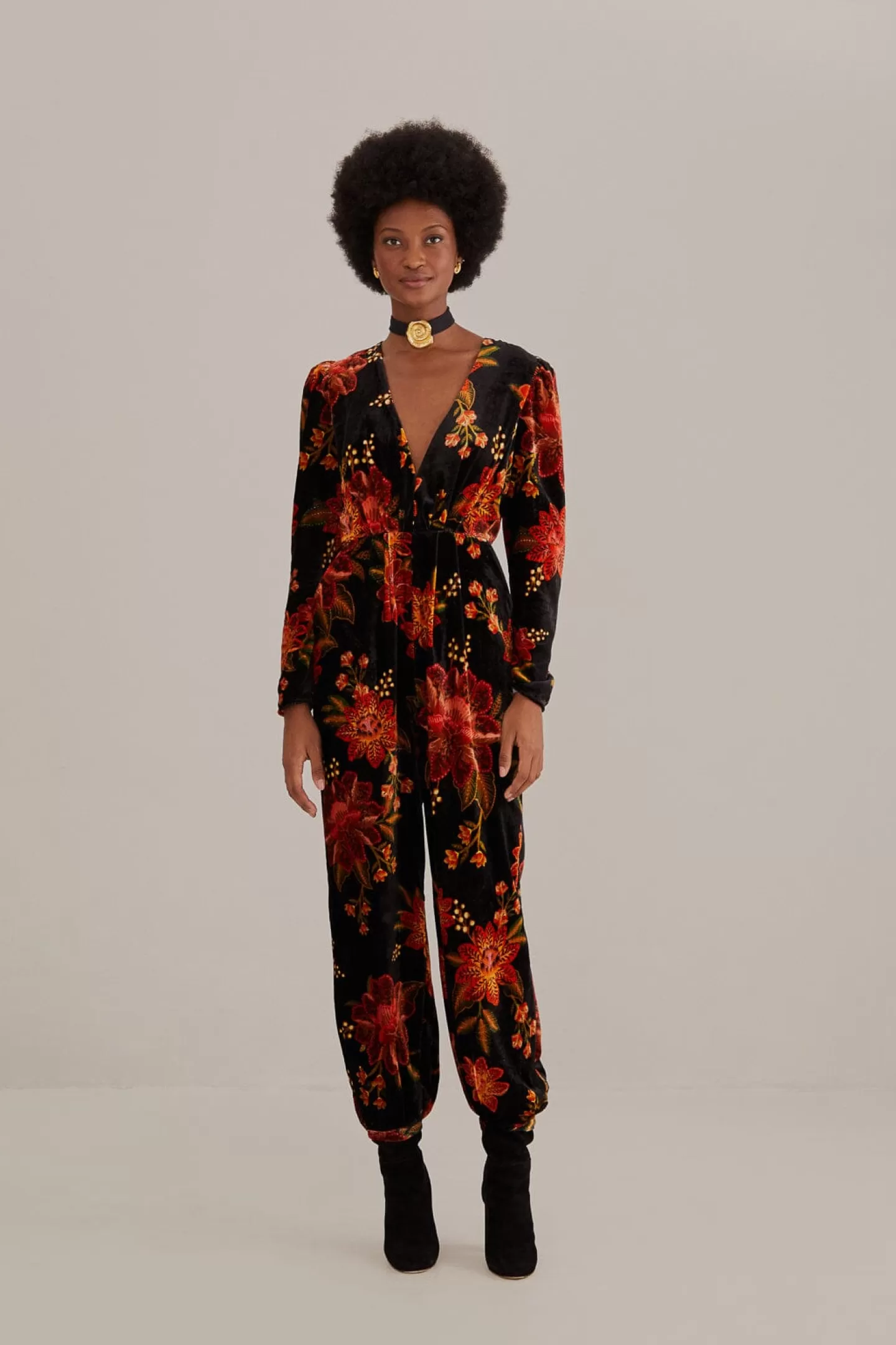 FARM Rio  BLACK WINTER BLOOM V NECK JUMPSUIT