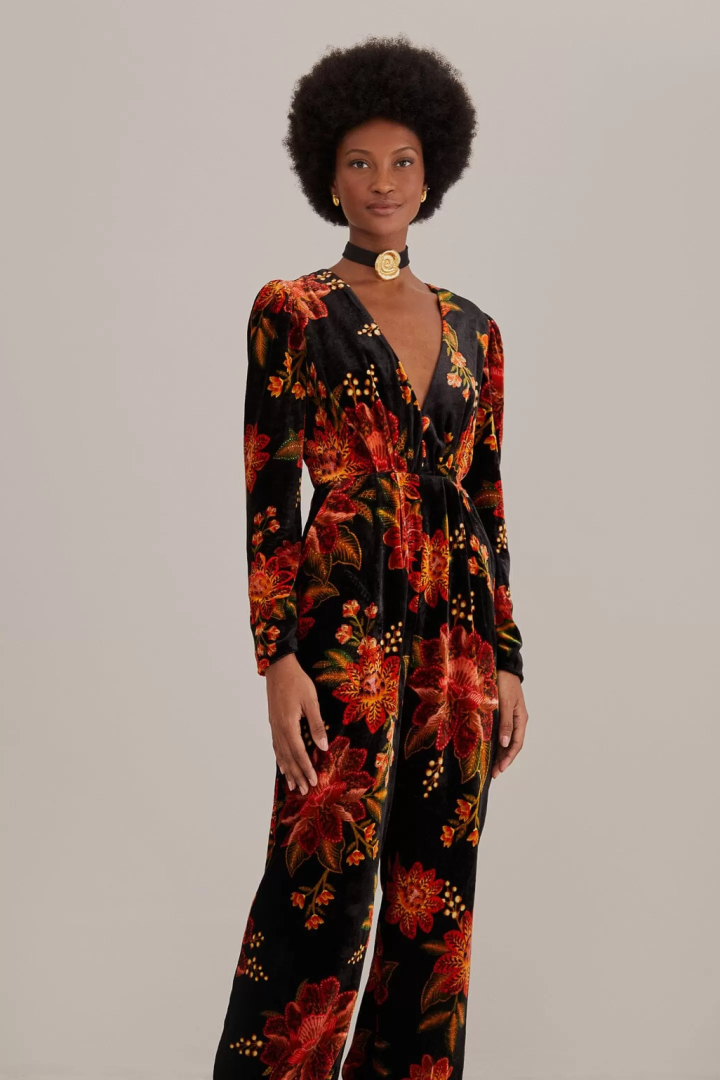 FARM Rio  BLACK WINTER BLOOM V NECK JUMPSUIT