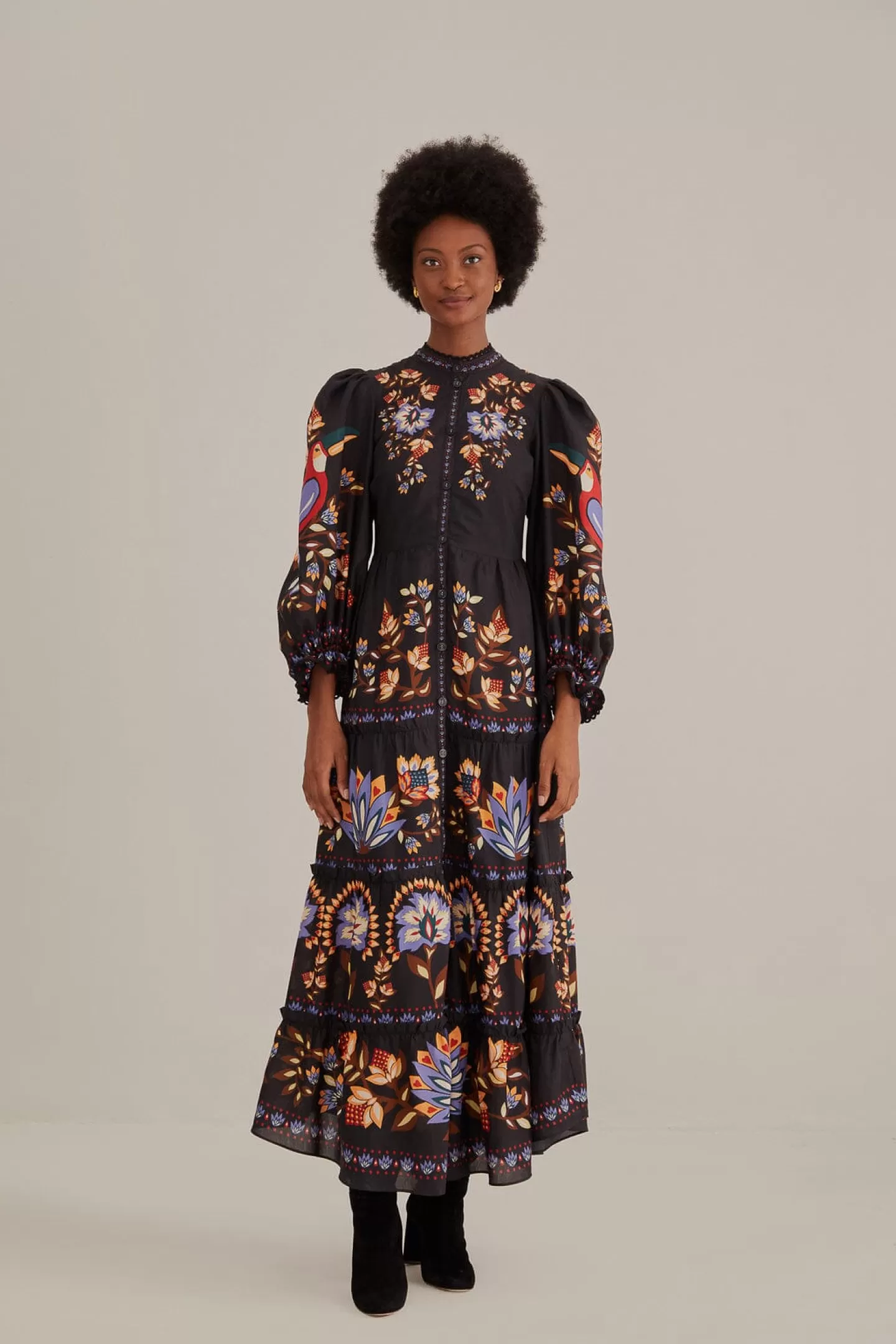 FARM Rio  BLACK WINTER GARDEN LONG SLEEVE MAXI DRESS