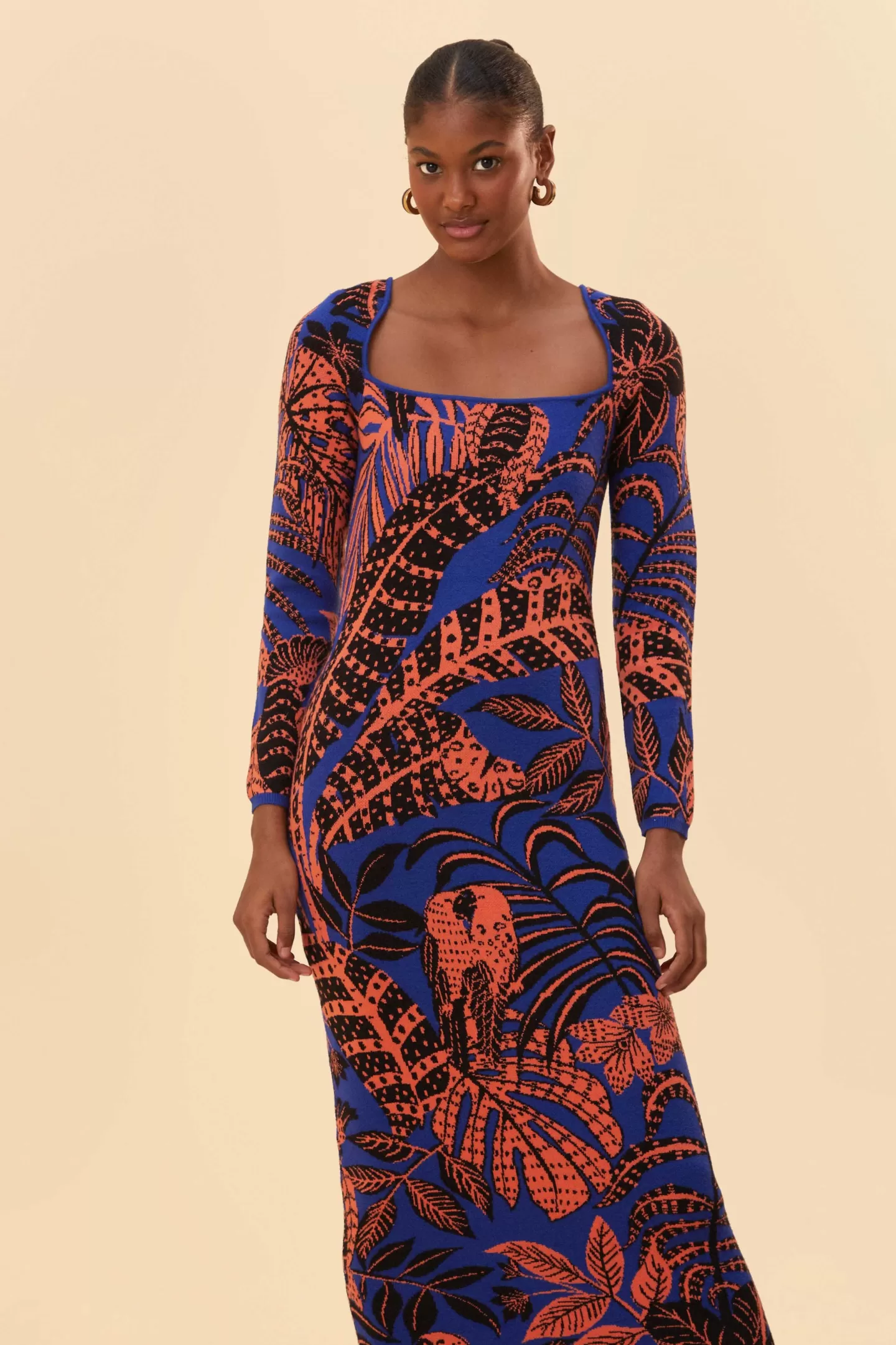 FARM Rio  BLUE TROPICAL GOLD LONG SLEEVE DRESS