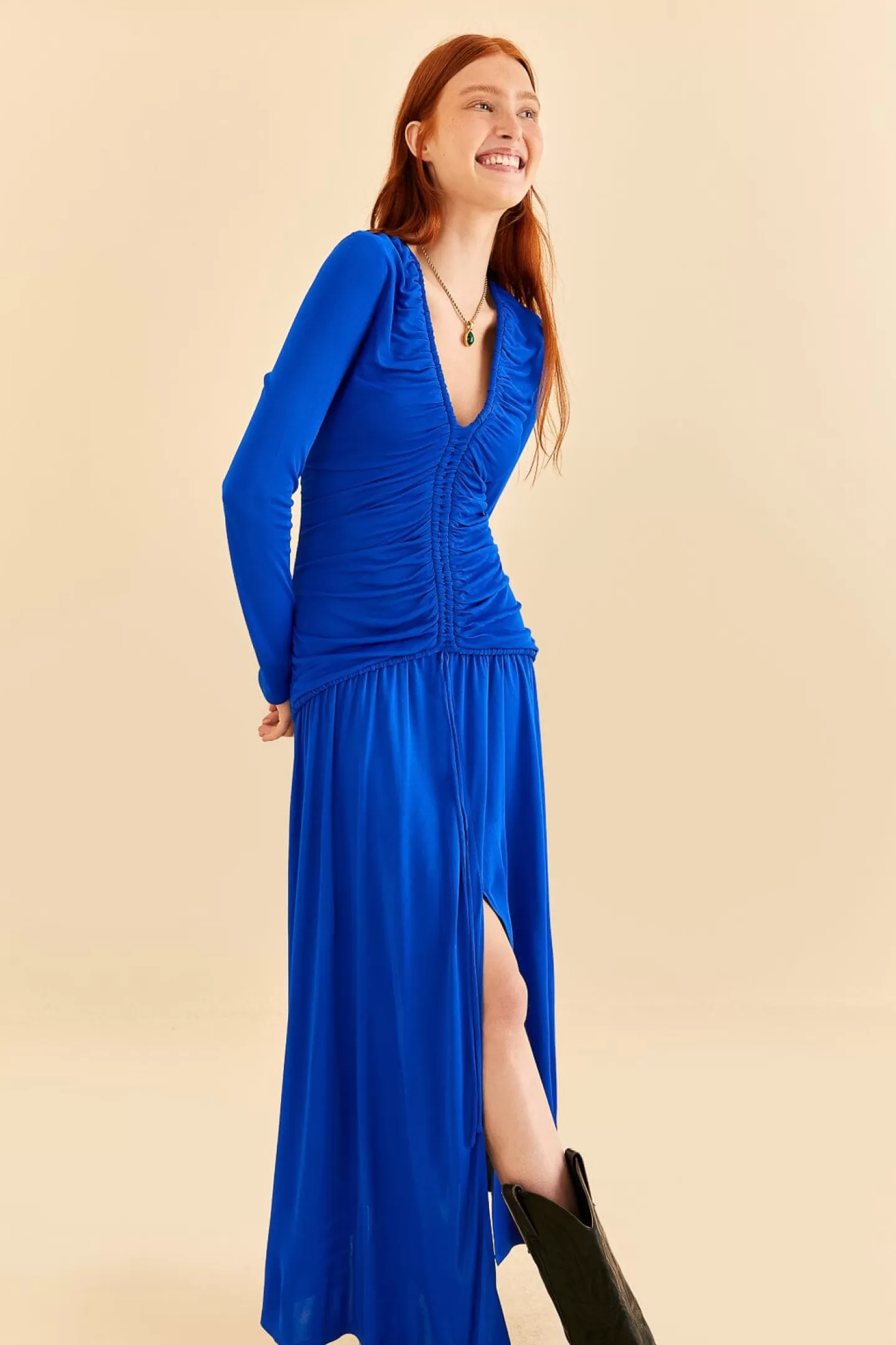 FARM Rio  BRIGHT BLUE LONG SLEEVE MIDI DRESS