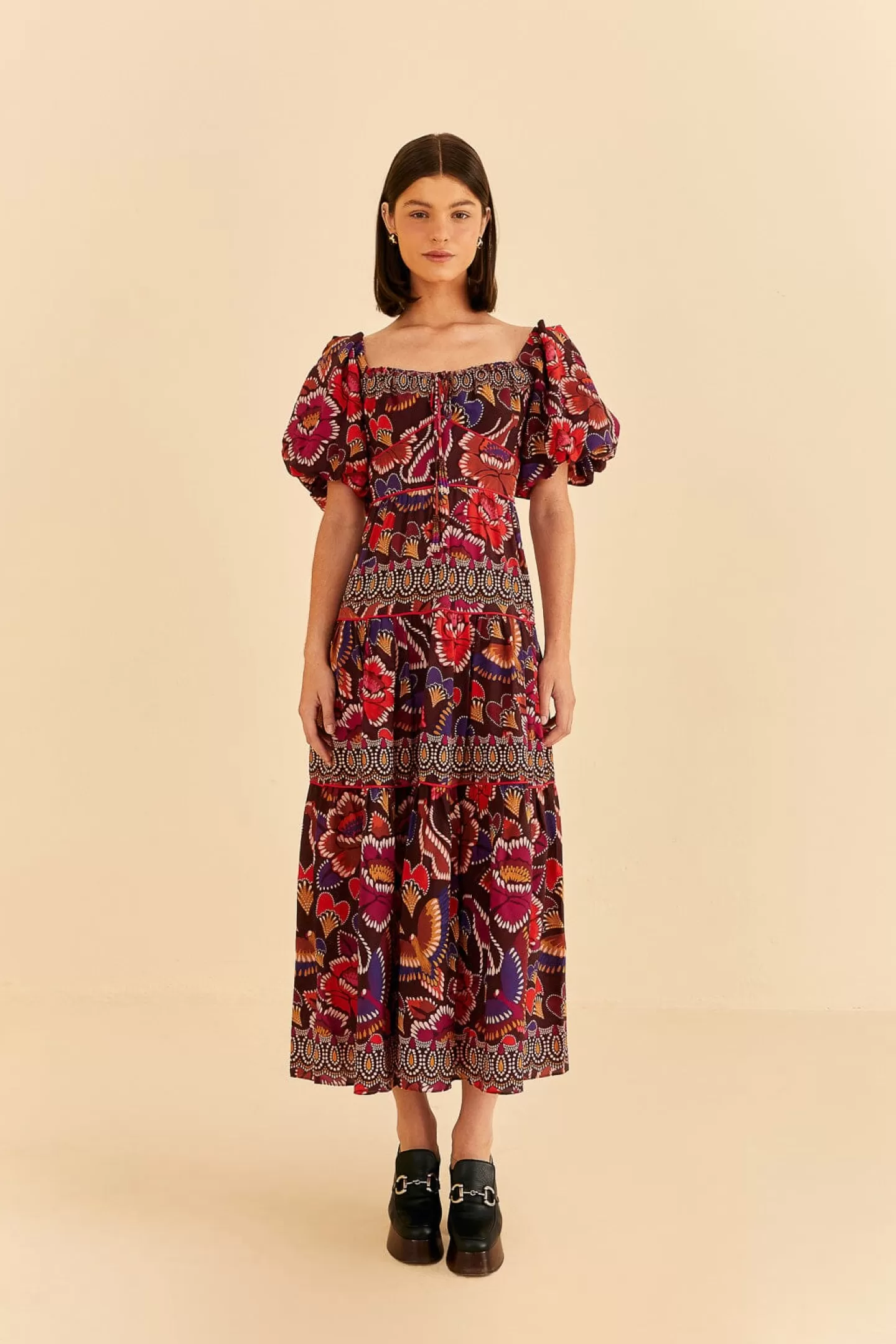 FARM Rio  BROWN BRIGHT FLORA SHORT SLEEVE MIDI DRESS