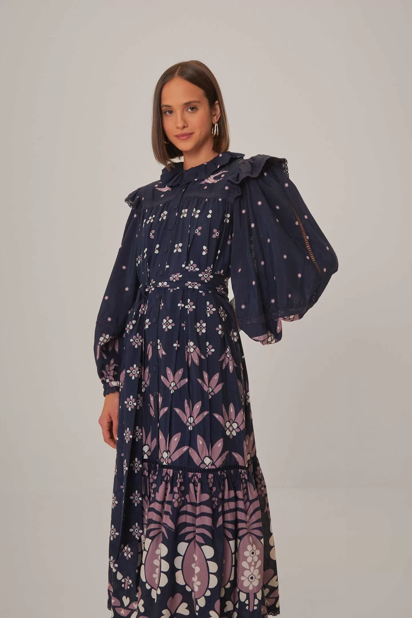 FARM Rio  DARK BLUE AINIKA MARTINA LONG SLEEVE MIDI DRESS