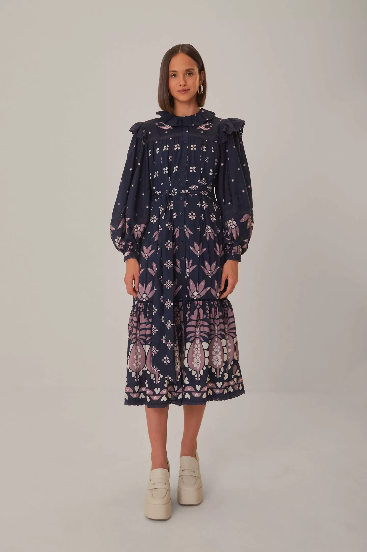 FARM Rio  DARK BLUE AINIKA MARTINA LONG SLEEVE MIDI DRESS