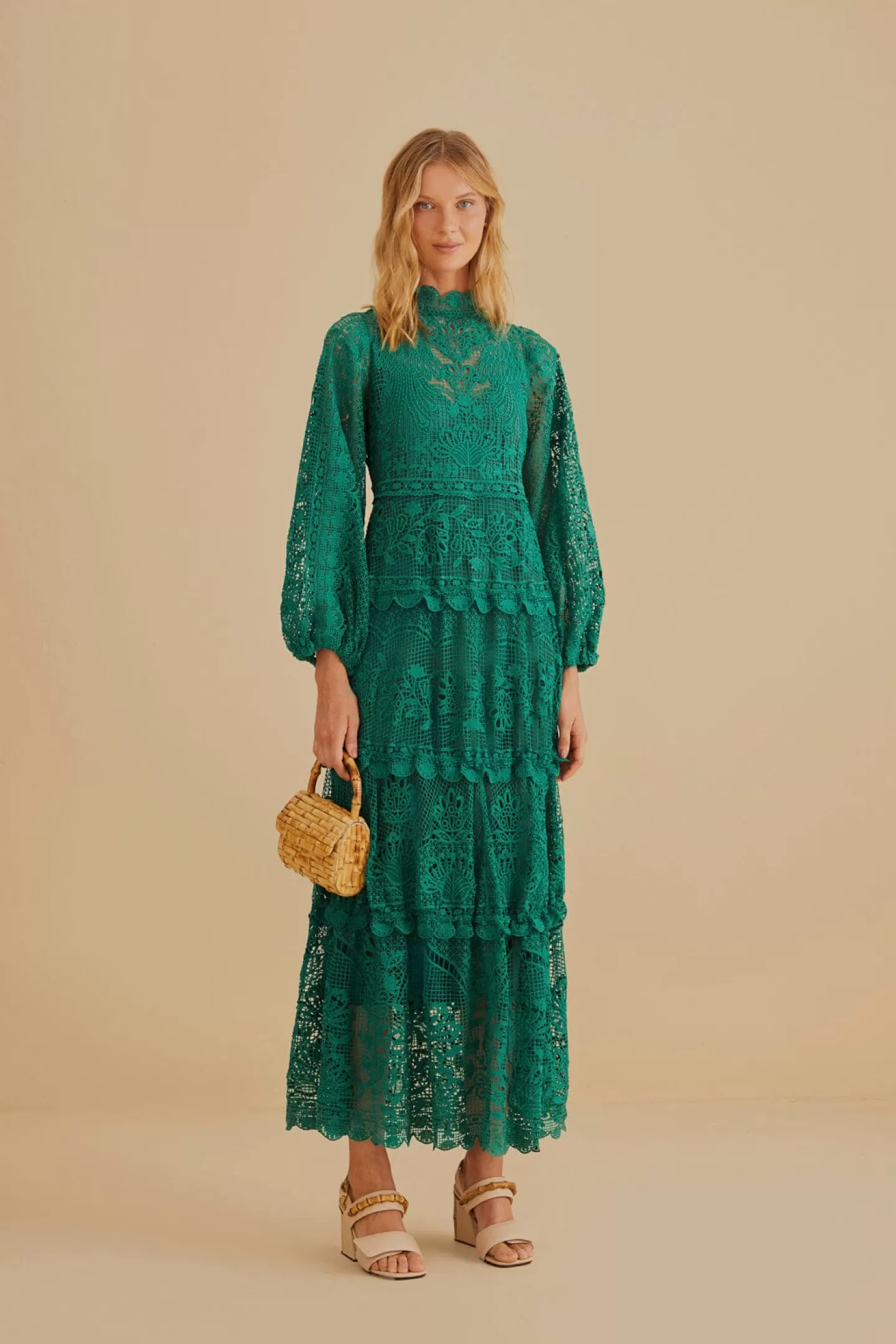 FARM Rio  DARK GREEN GUIPURE LONG SLEEVE MAXI DRESS