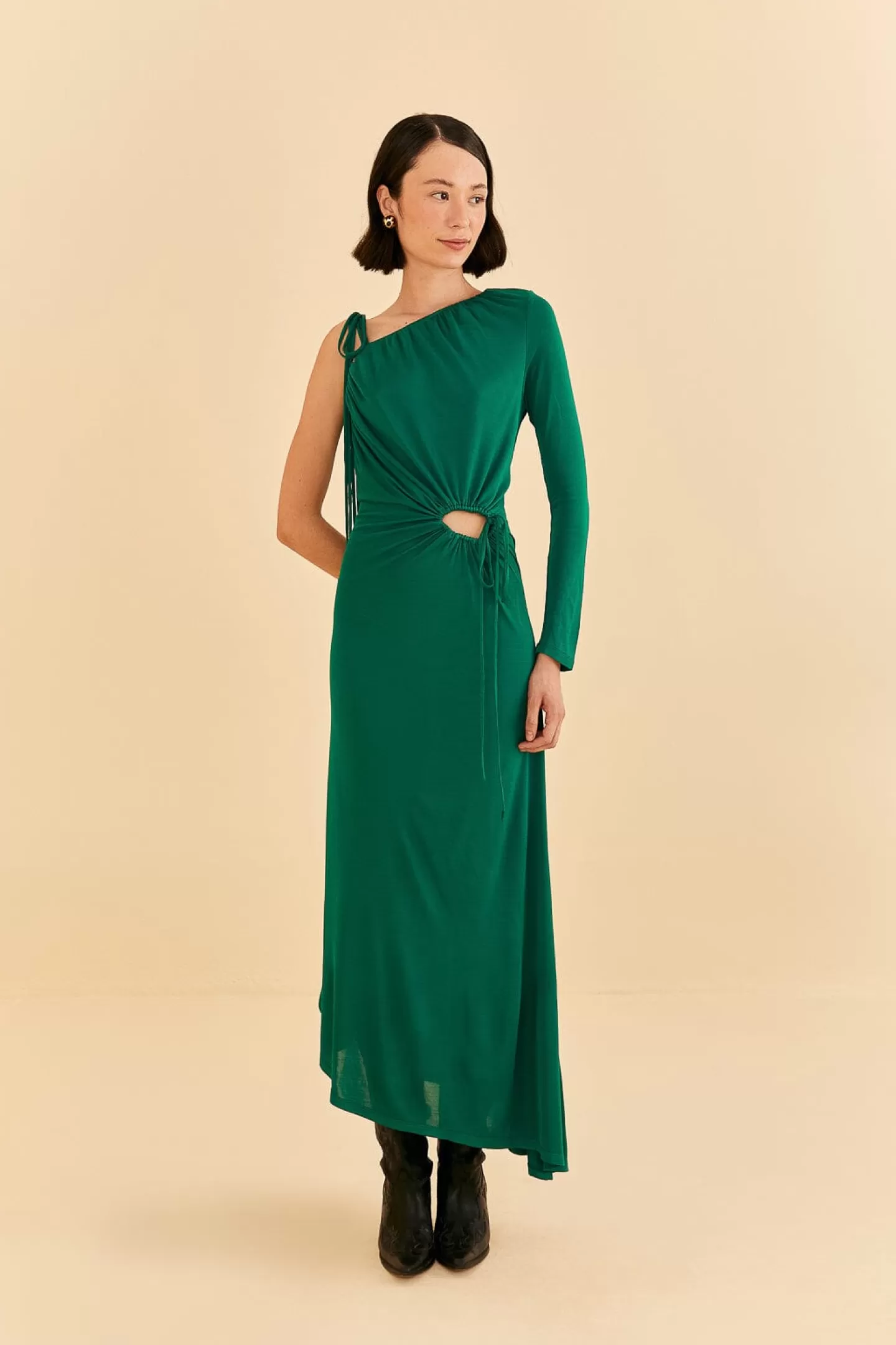 FARM Rio  EMERALD ONE SHOULDER MIDI DRESS