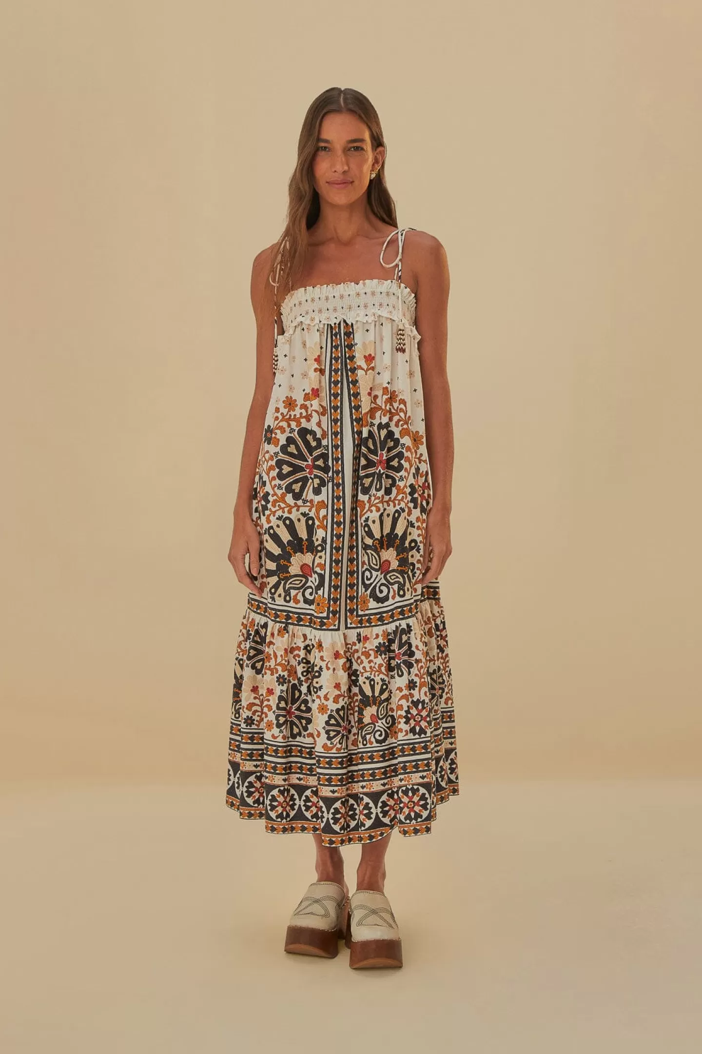 FARM Rio  FLOWER FAN TAPESTRY OFF-WHITE MIDI DRESS