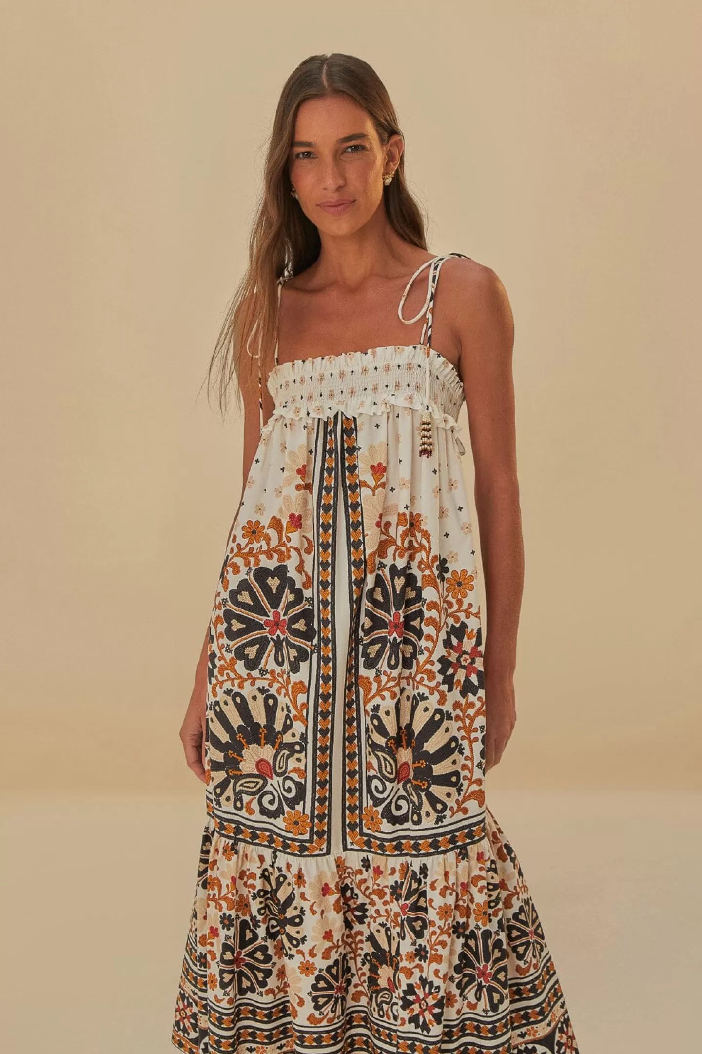 FARM Rio  FLOWER FAN TAPESTRY OFF-WHITE MIDI DRESS