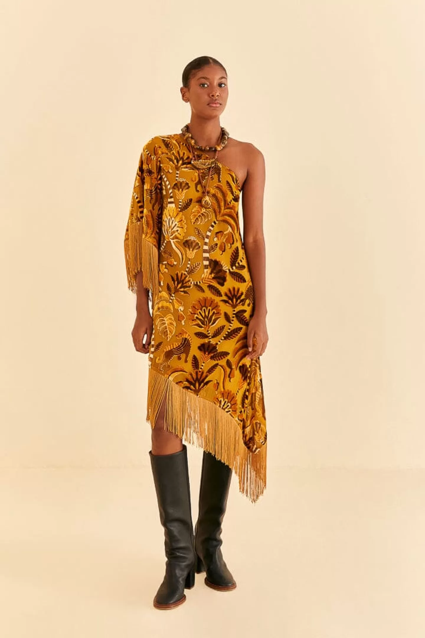 FARM Rio  GOLDEN YELLOW VELVET ONE SHOULDER FRINGE DRESS