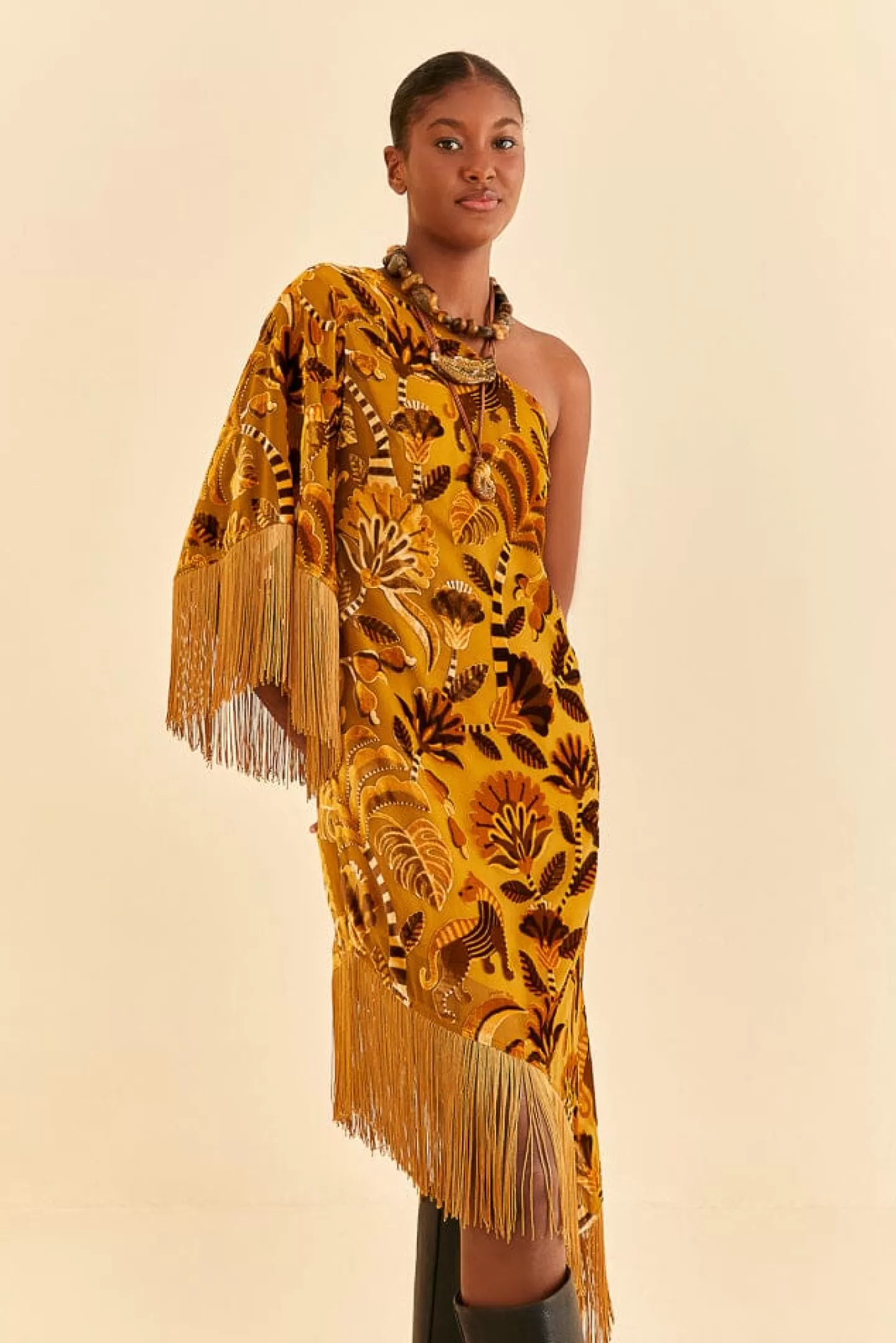 FARM Rio  GOLDEN YELLOW VELVET ONE SHOULDER FRINGE DRESS