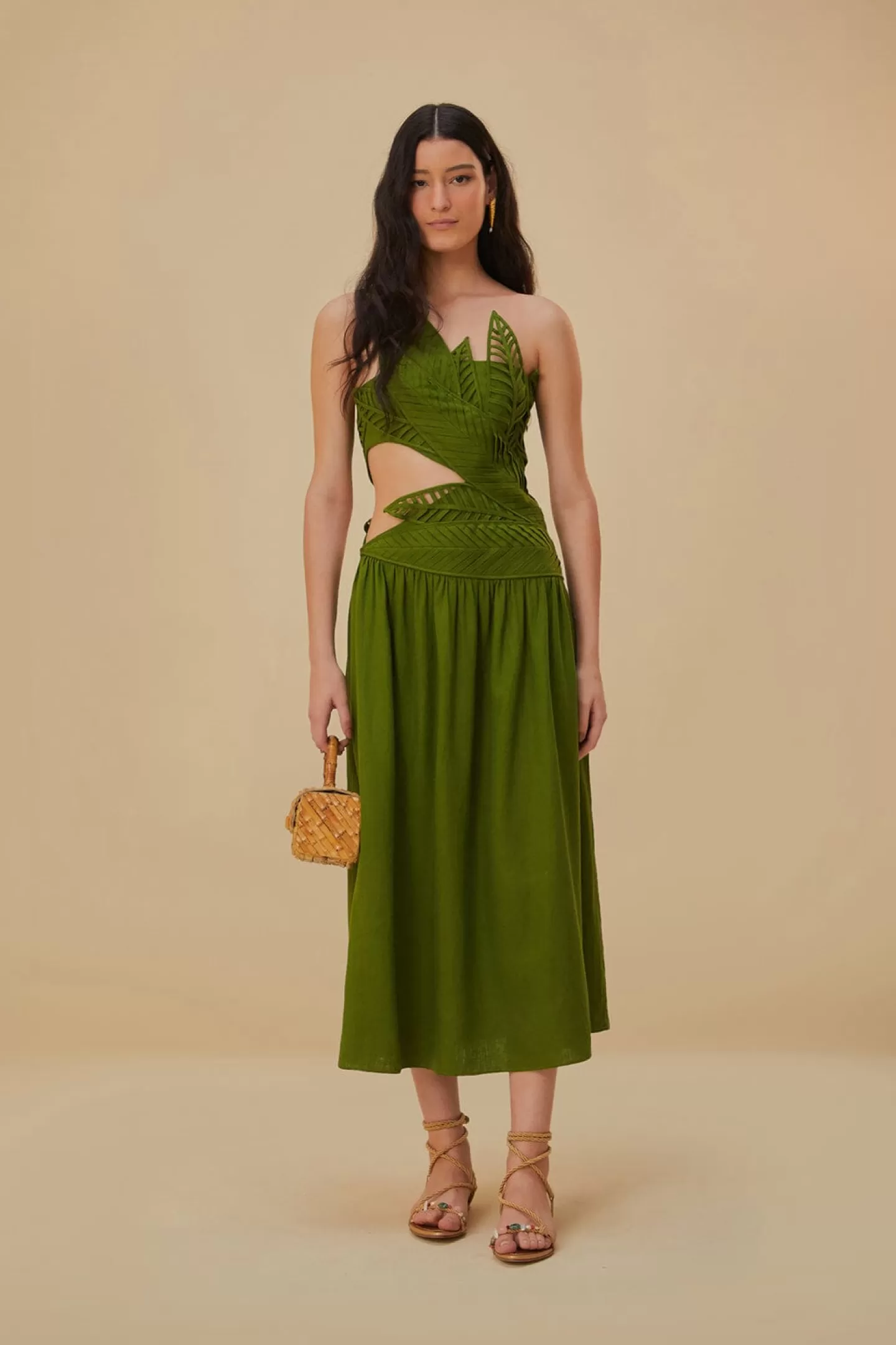 FARM Rio  GREEN LEAVES CUT OUT MIDI DRESS