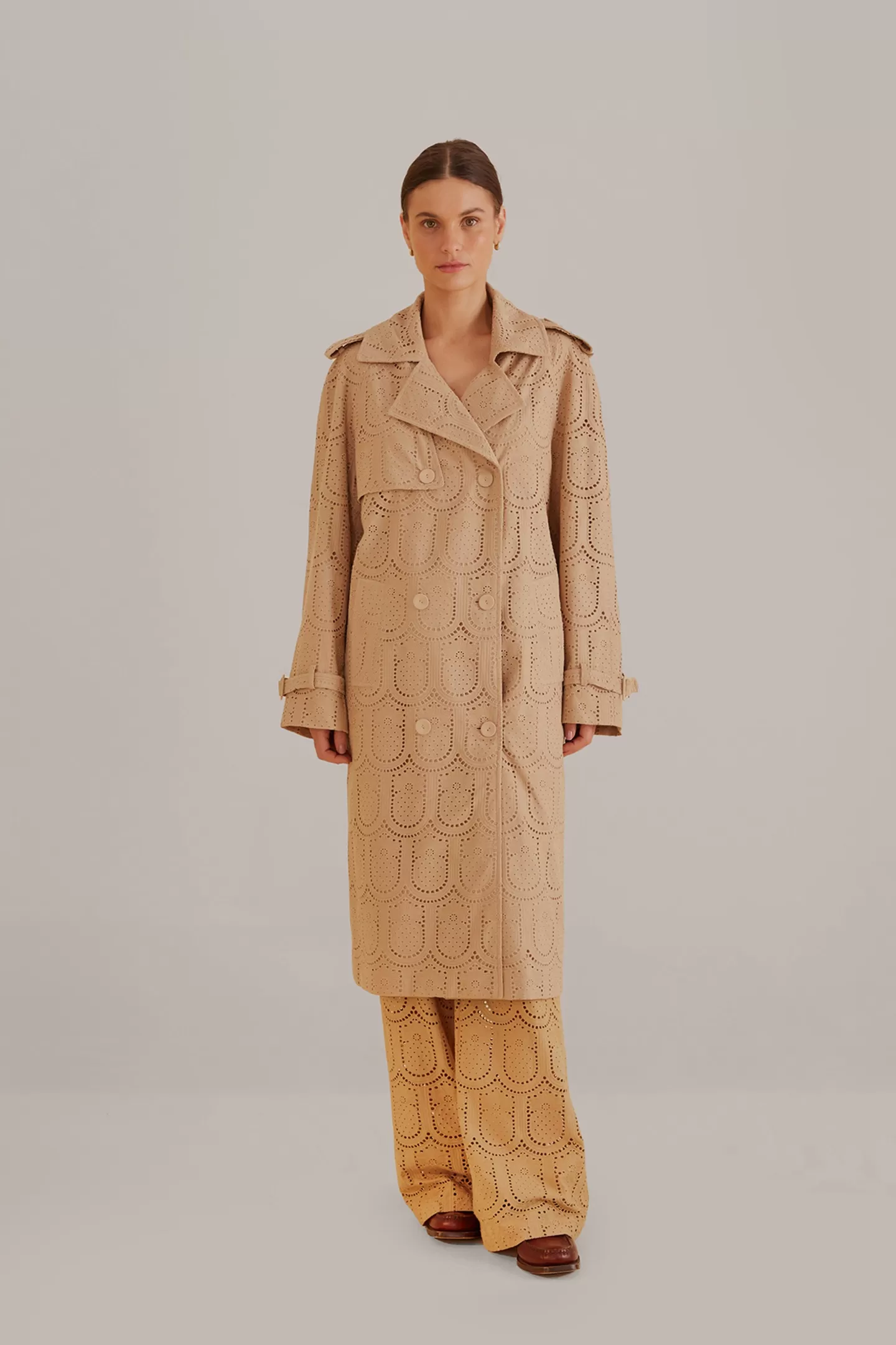 FARM Rio  KHAKI PINEAPPLE COTTON EYELET TRENCH COAT