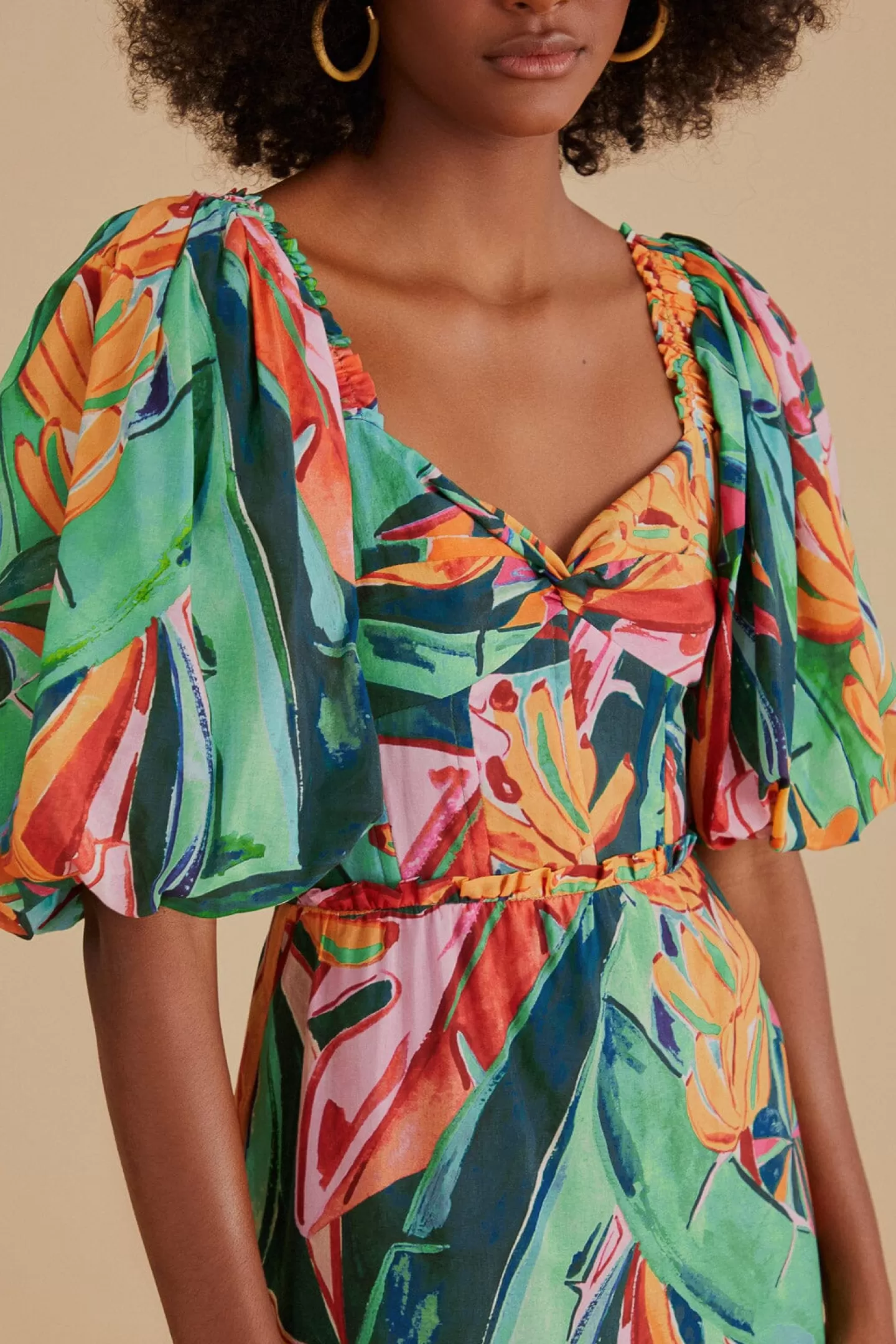 FARM Rio  MULTICOLOR BANANA FOLIAGE PUFF SLEEVE MIDI DRESS