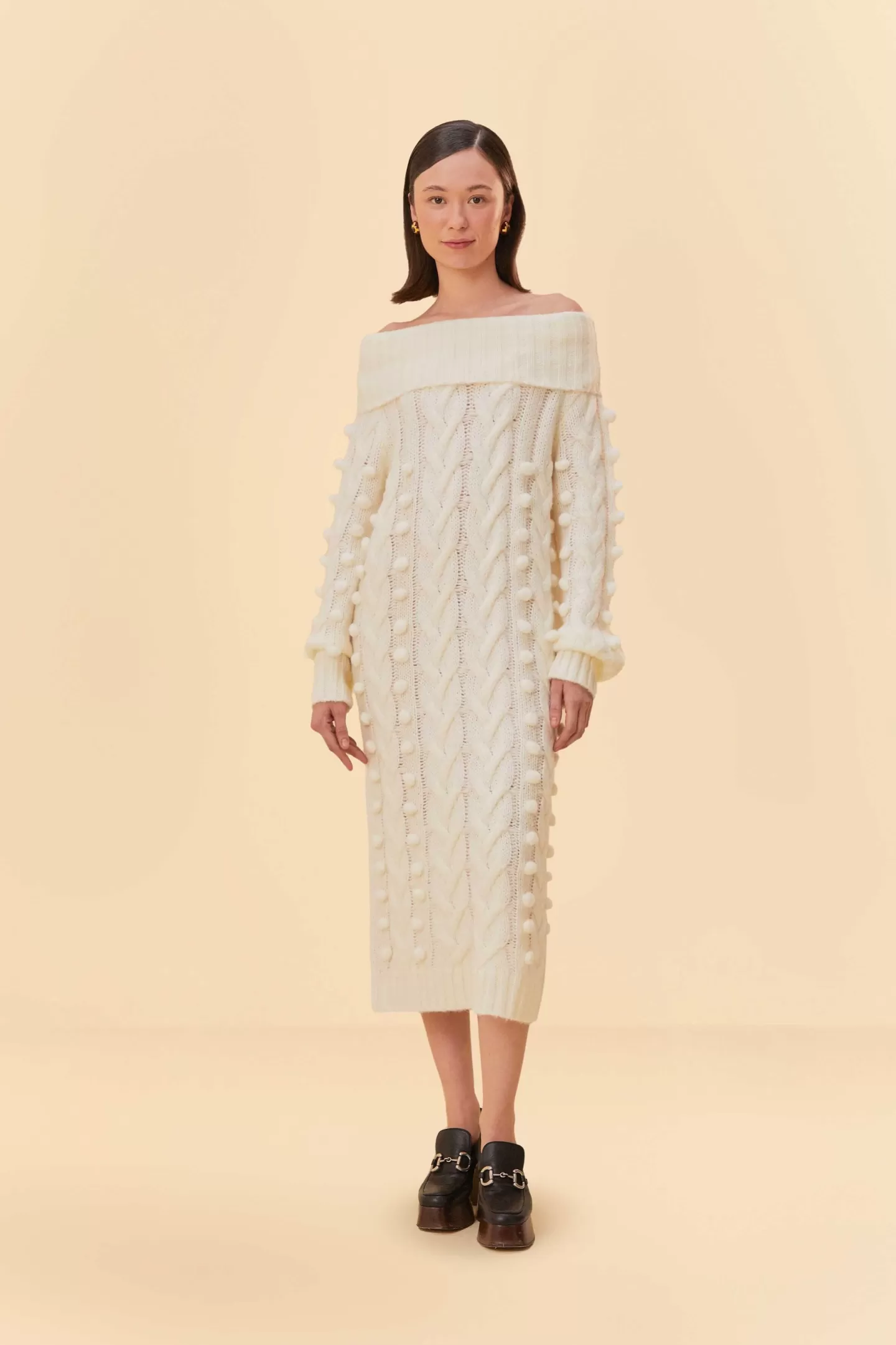 FARM Rio  OFF-WHITE BRAIDED MIDI SWEATER DRESS