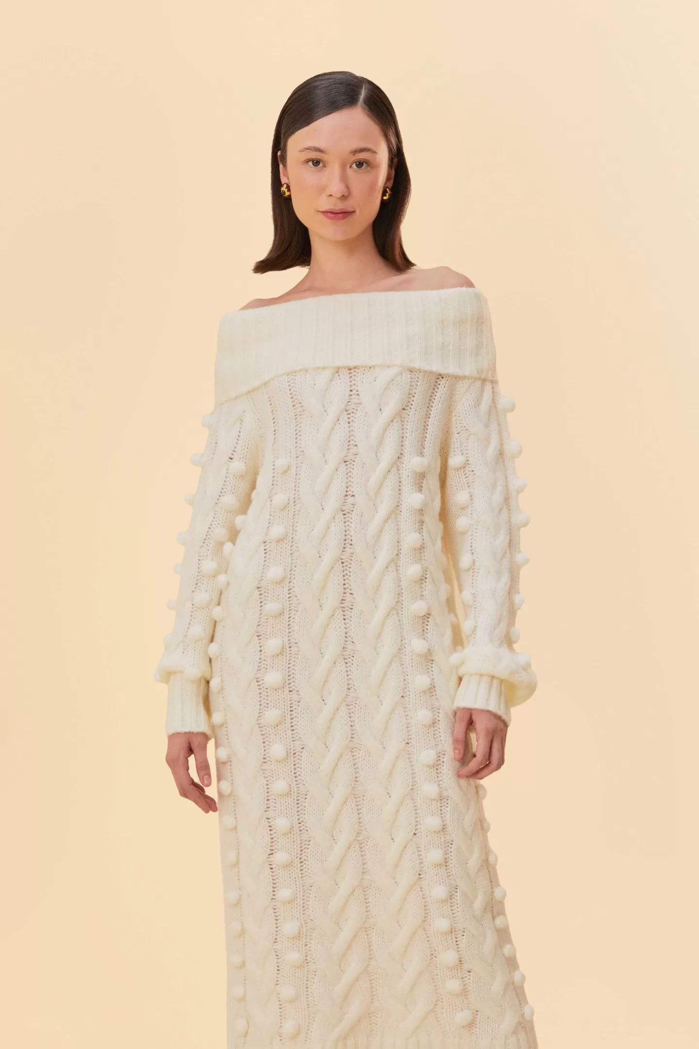 FARM Rio  OFF-WHITE BRAIDED MIDI SWEATER DRESS