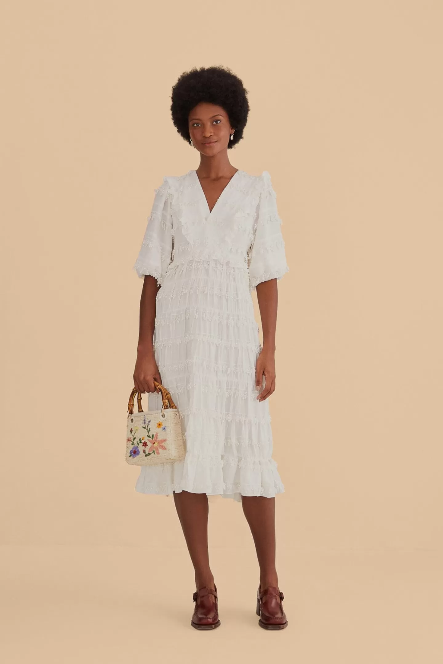 FARM Rio  OFF-WHITE RUFFLE TASSELS MIDI DRESS