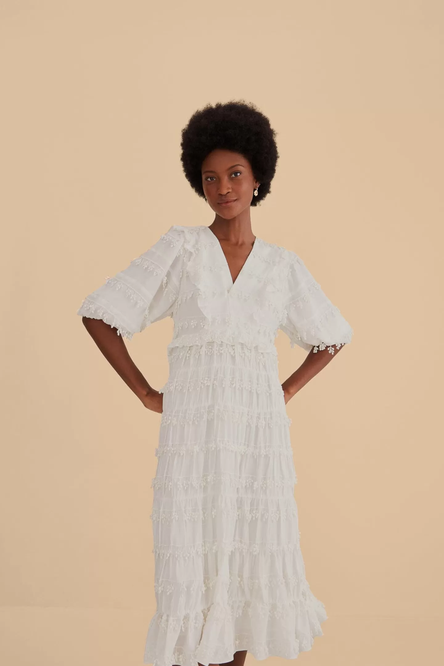 FARM Rio  OFF-WHITE RUFFLE TASSELS MIDI DRESS