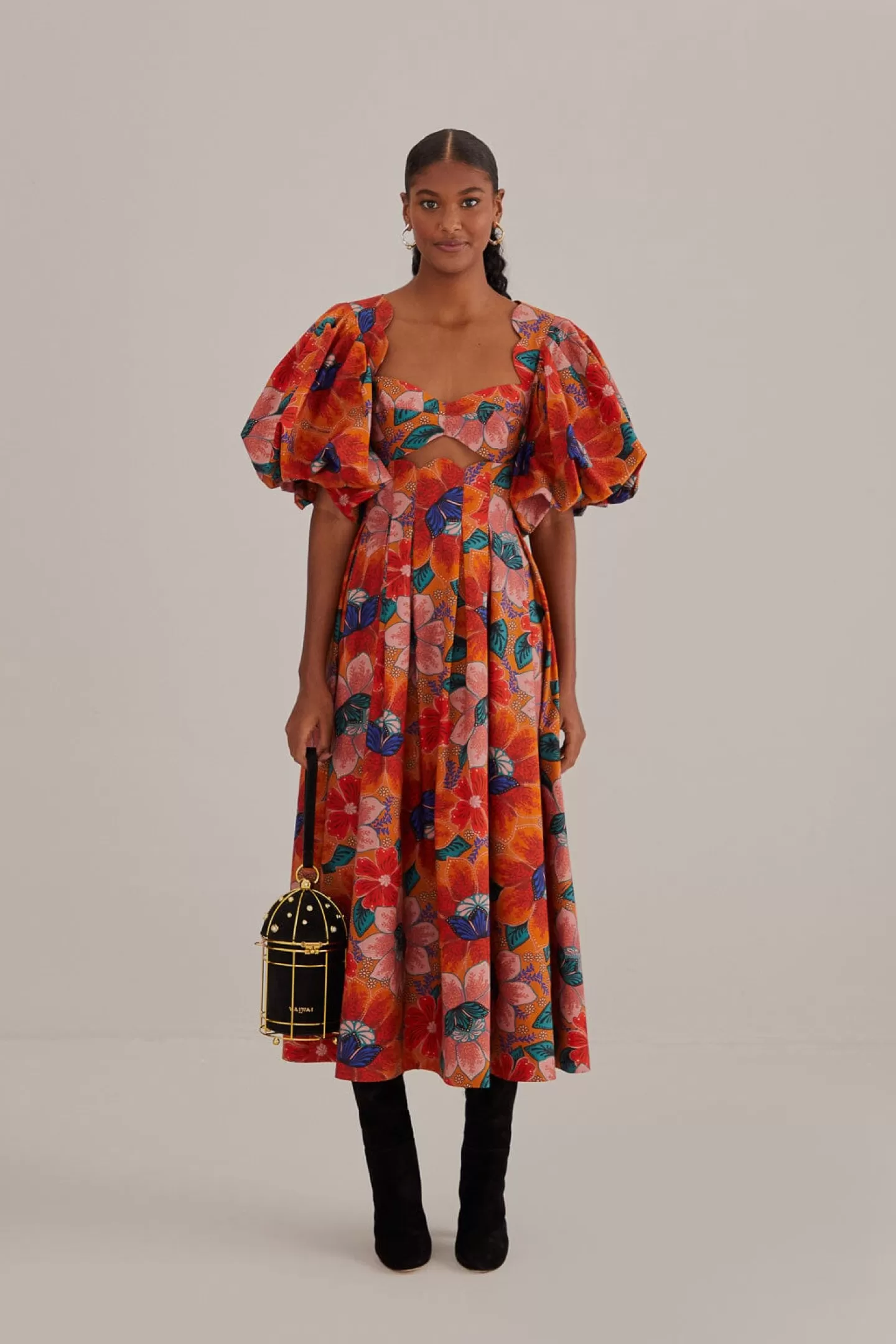 FARM Rio  ORANGE MARIAS FLORAL CUT-OUT MIDI DRESS