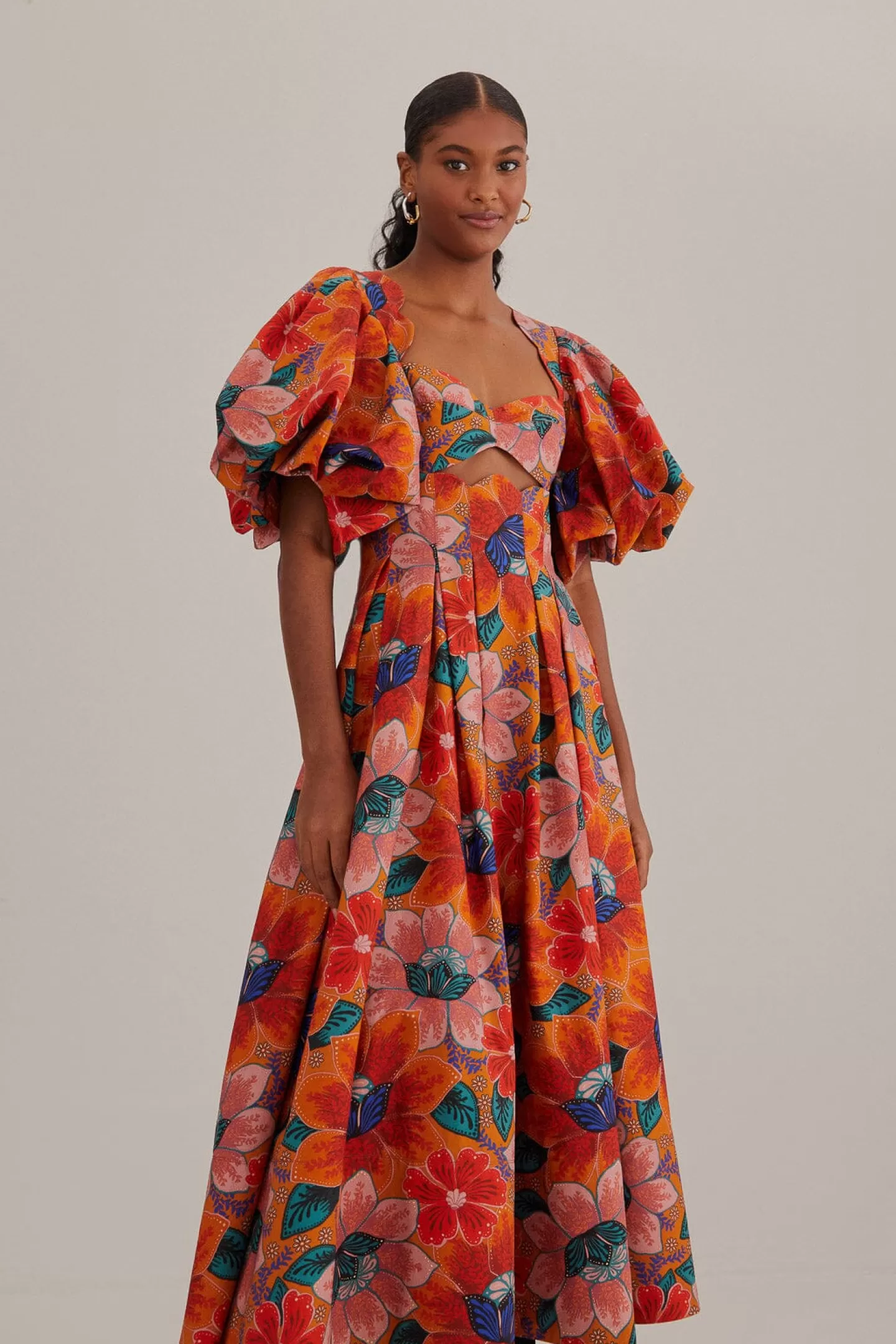 FARM Rio  ORANGE MARIAS FLORAL CUT-OUT MIDI DRESS