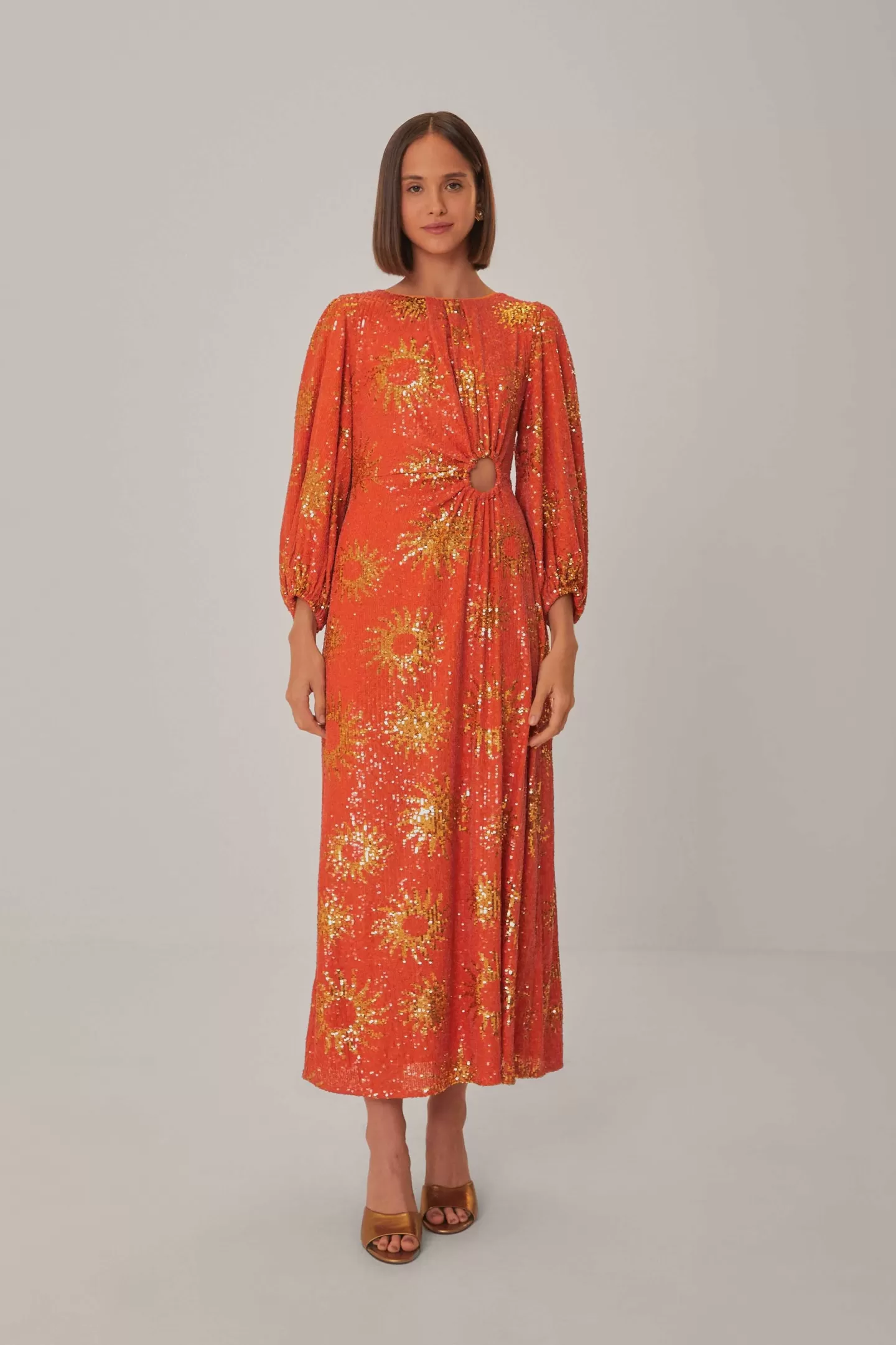 FARM Rio  ORANGE SUNNY MOOD SEQUIN CUT OUT MIDI DRESS