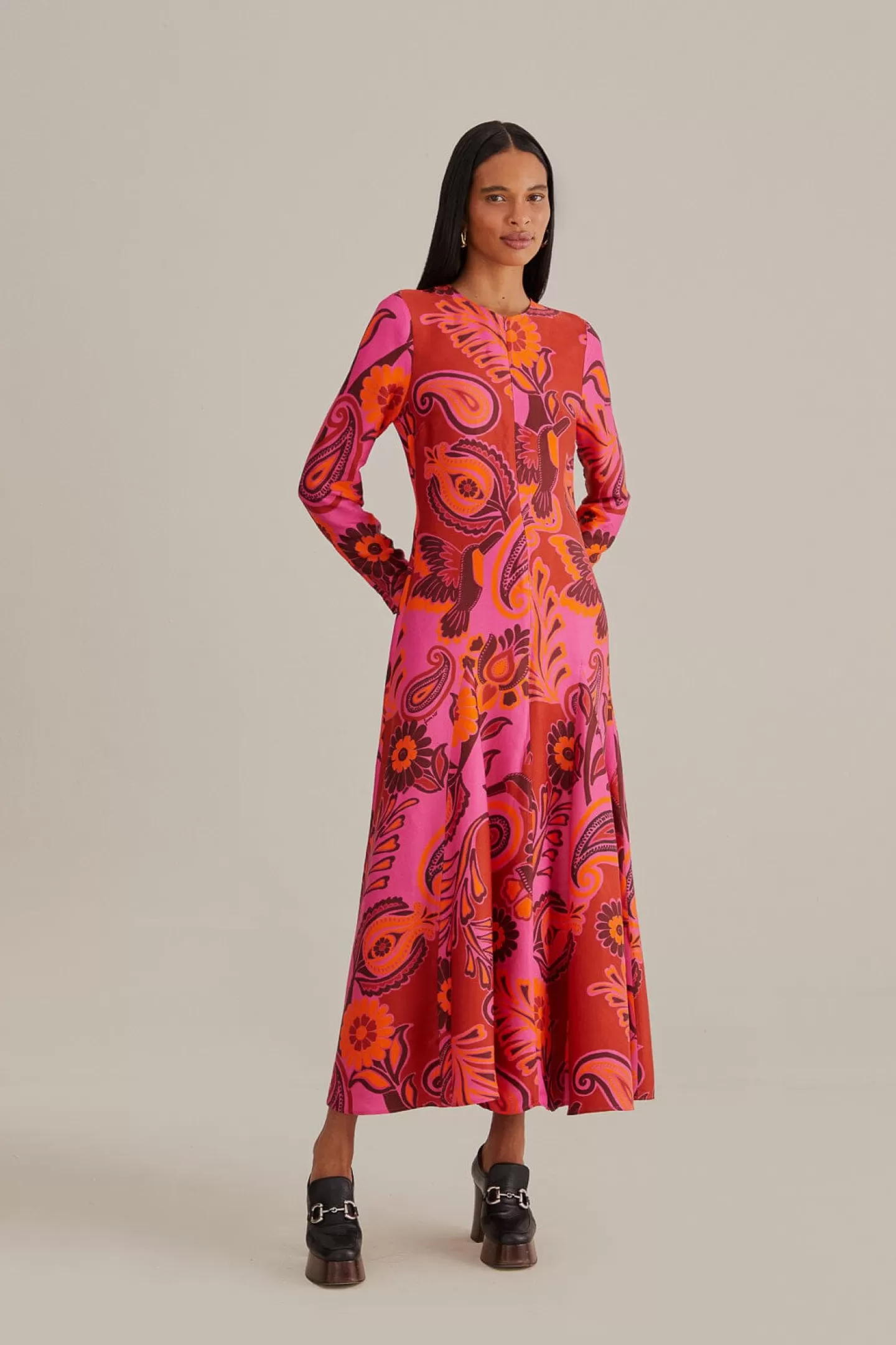 FARM Rio  PINK BOLD FLORAL LONG SLEEVE MAXI DRESS