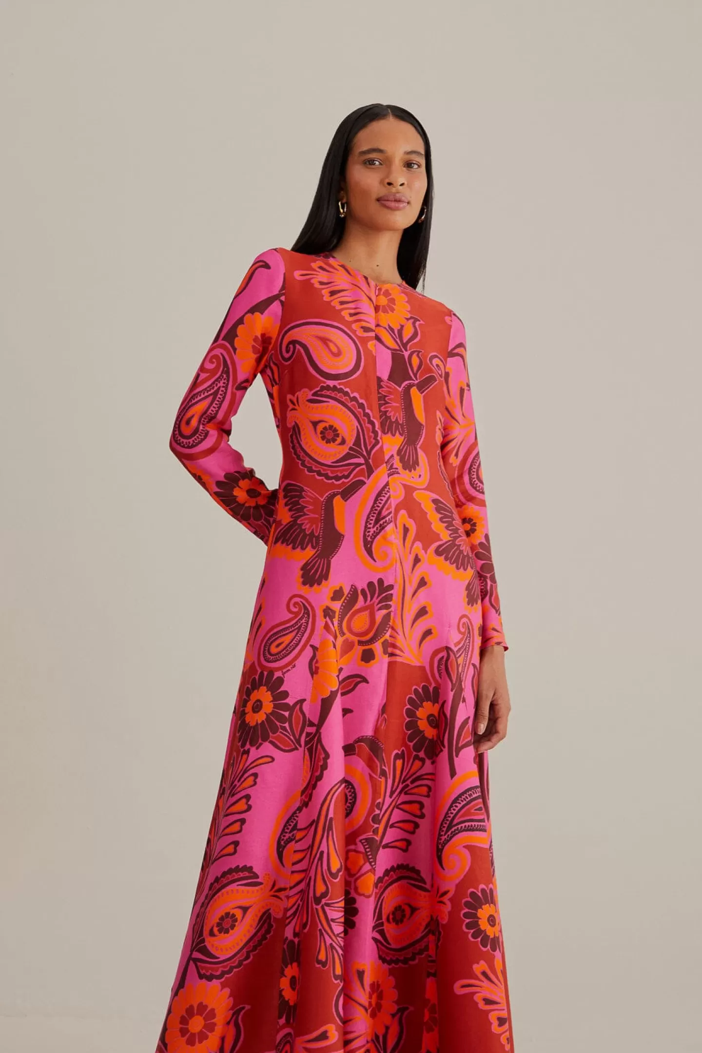 FARM Rio  PINK BOLD FLORAL LONG SLEEVE MAXI DRESS