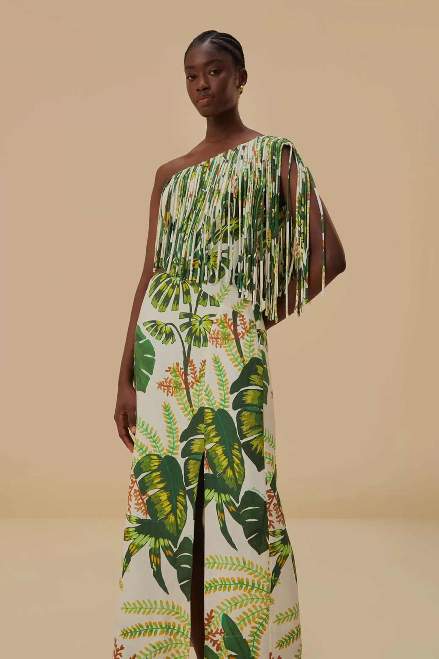 FARM Rio  TROPICAL FOREST OFF-WHITE FRINGED MIDI DRESS