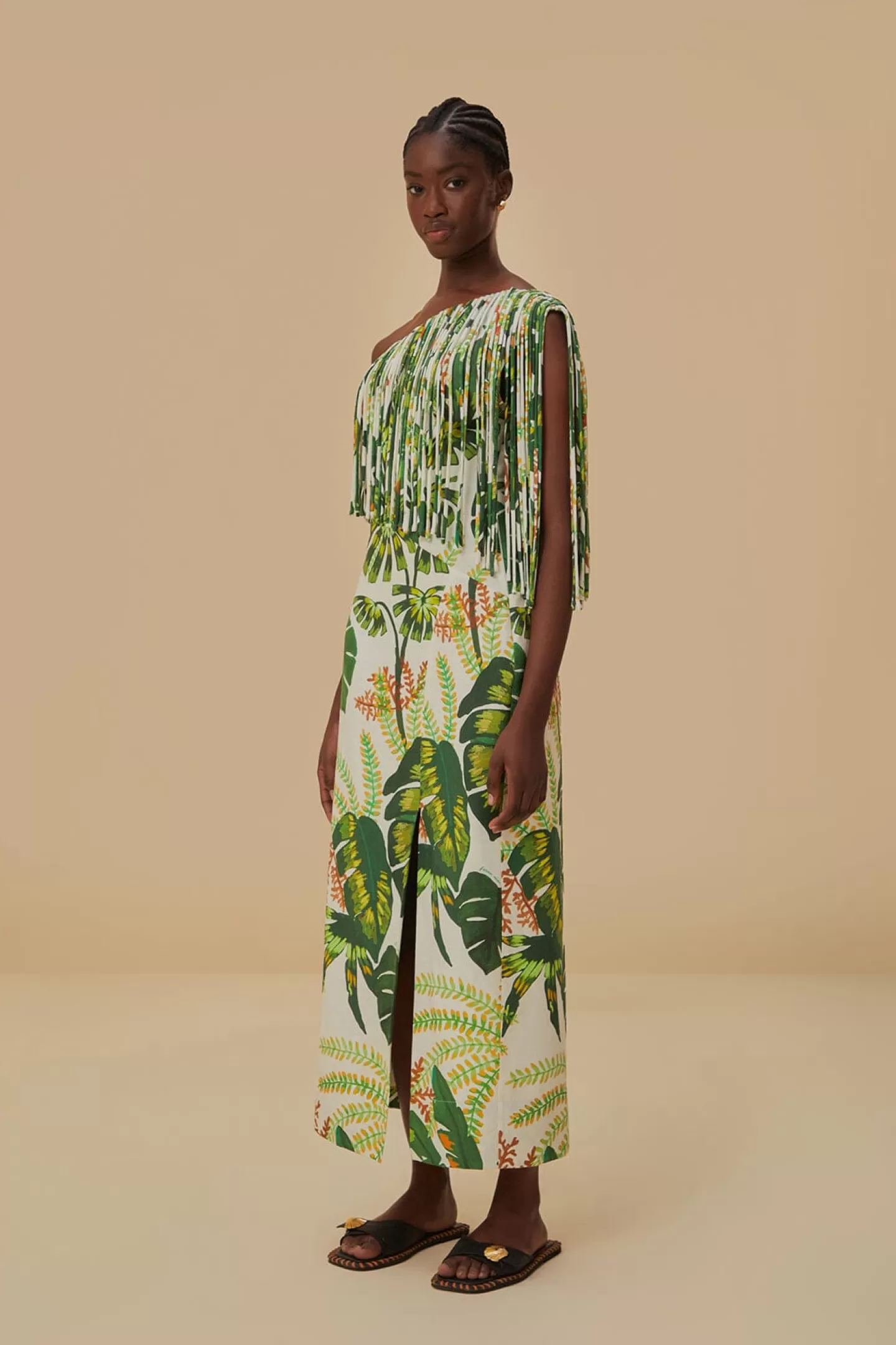 FARM Rio  TROPICAL FOREST OFF-WHITE FRINGED MIDI DRESS