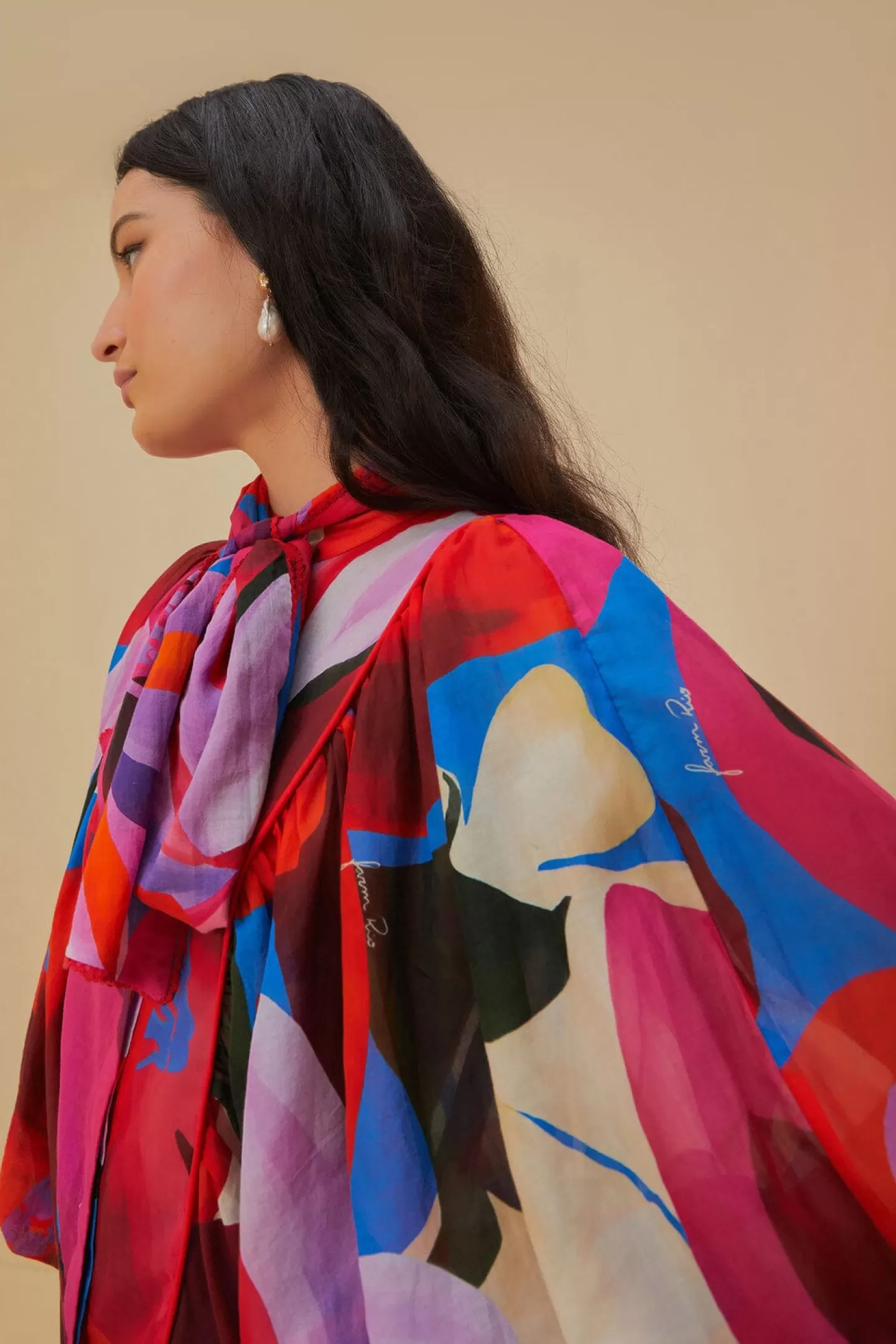 FARM Rio  WATERCOLOR FLORAL BLUE LONG SLEEVE BLOUSE