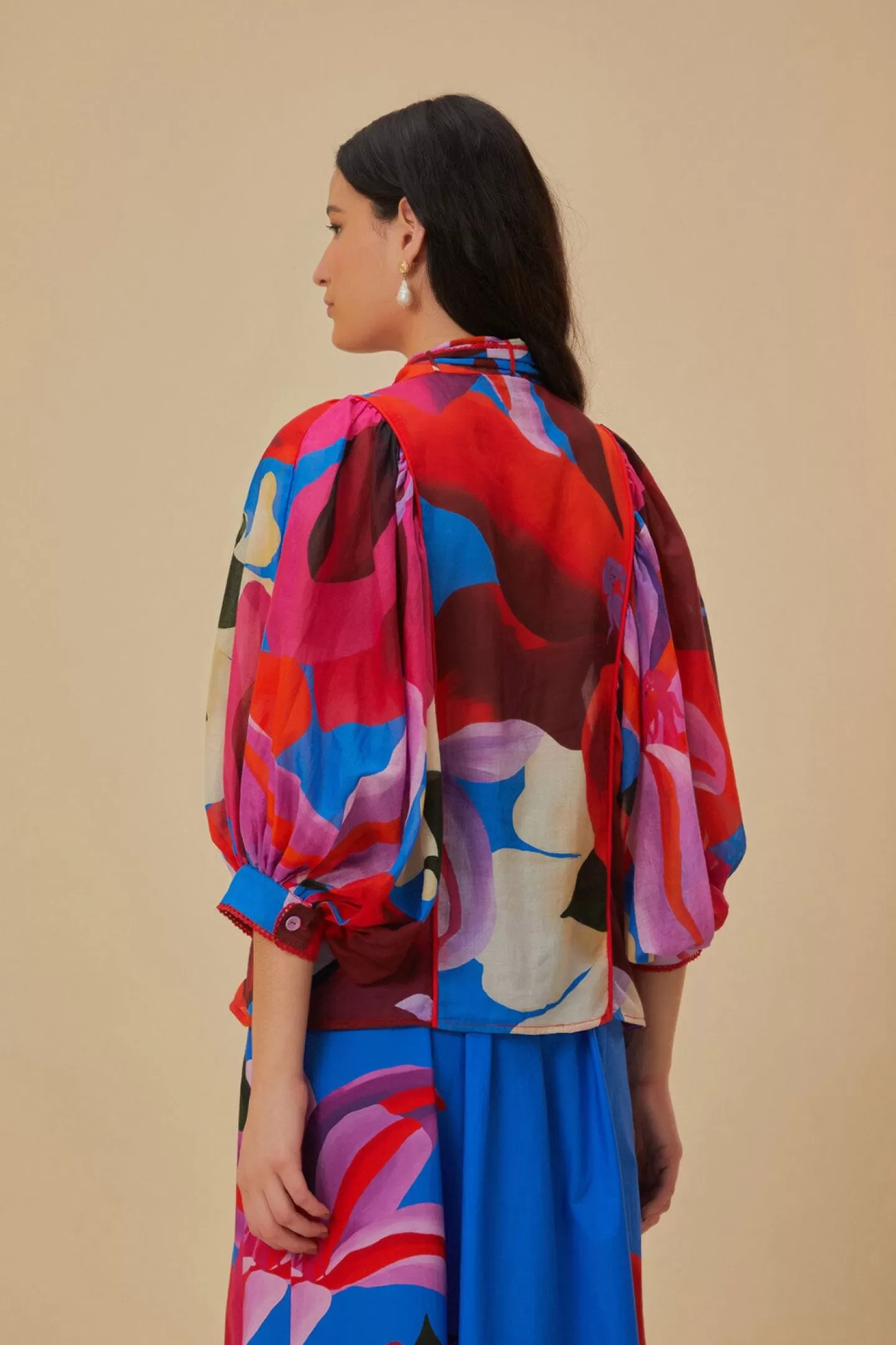 FARM Rio  WATERCOLOR FLORAL BLUE LONG SLEEVE BLOUSE