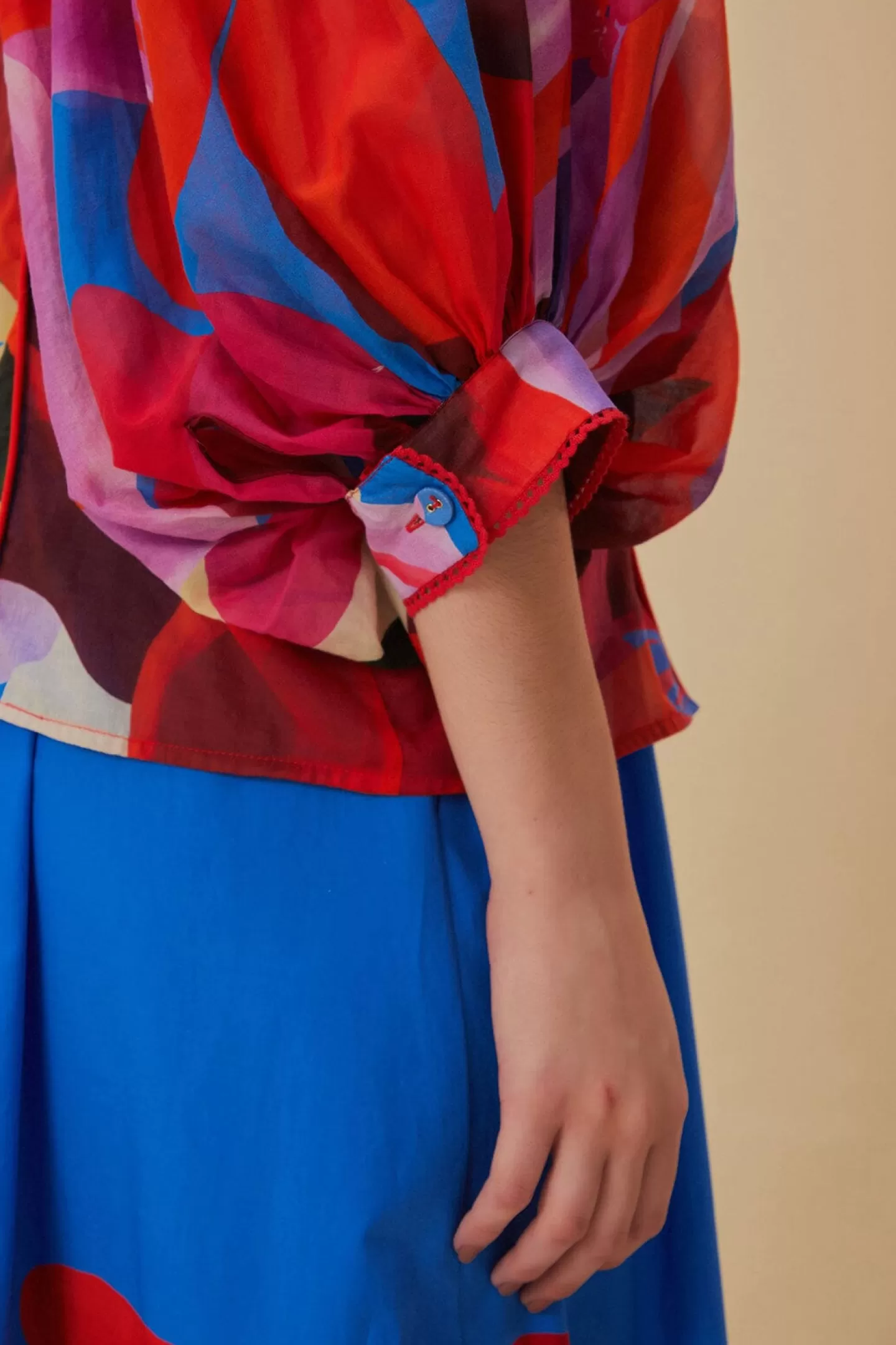 FARM Rio  WATERCOLOR FLORAL BLUE LONG SLEEVE BLOUSE